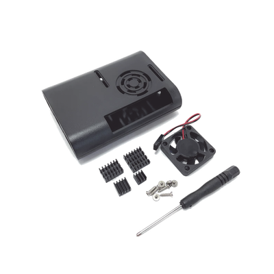 Kit Gabinete para Raspberry Pi 4 Model B / Plástico ABS / Color Negro / Ventilador / Disipadores / Incluye Desarmador — RASPBERRY PI · SKU IC-00073