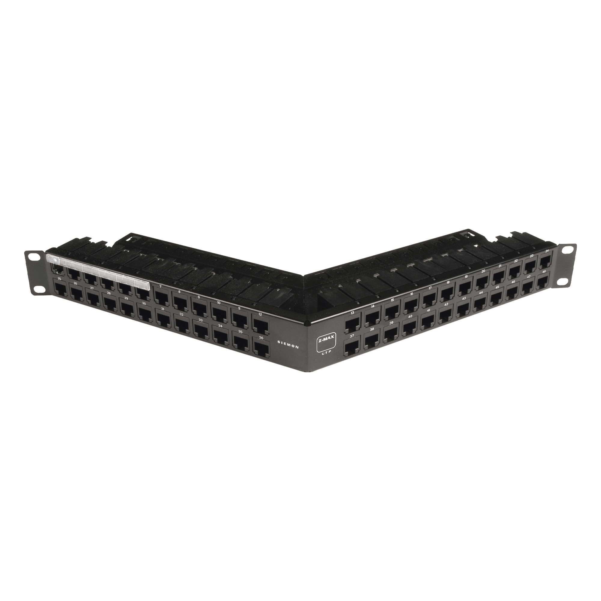 Patch Panel Z-Max de 48 Puertos, Blindado, Precargado con Jacks Categoría 6A, Angulado, 1UR — SIEMON · SKU Z6AS-PNLA-U48K