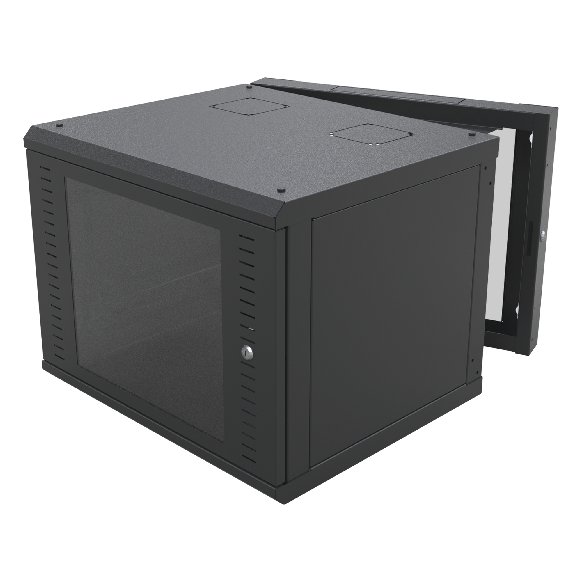 Gabinete de Pared Abatible / Rack 19" 12U / Carga 50 kg / Cristal Templado / Giro 180° / Acero Negro
