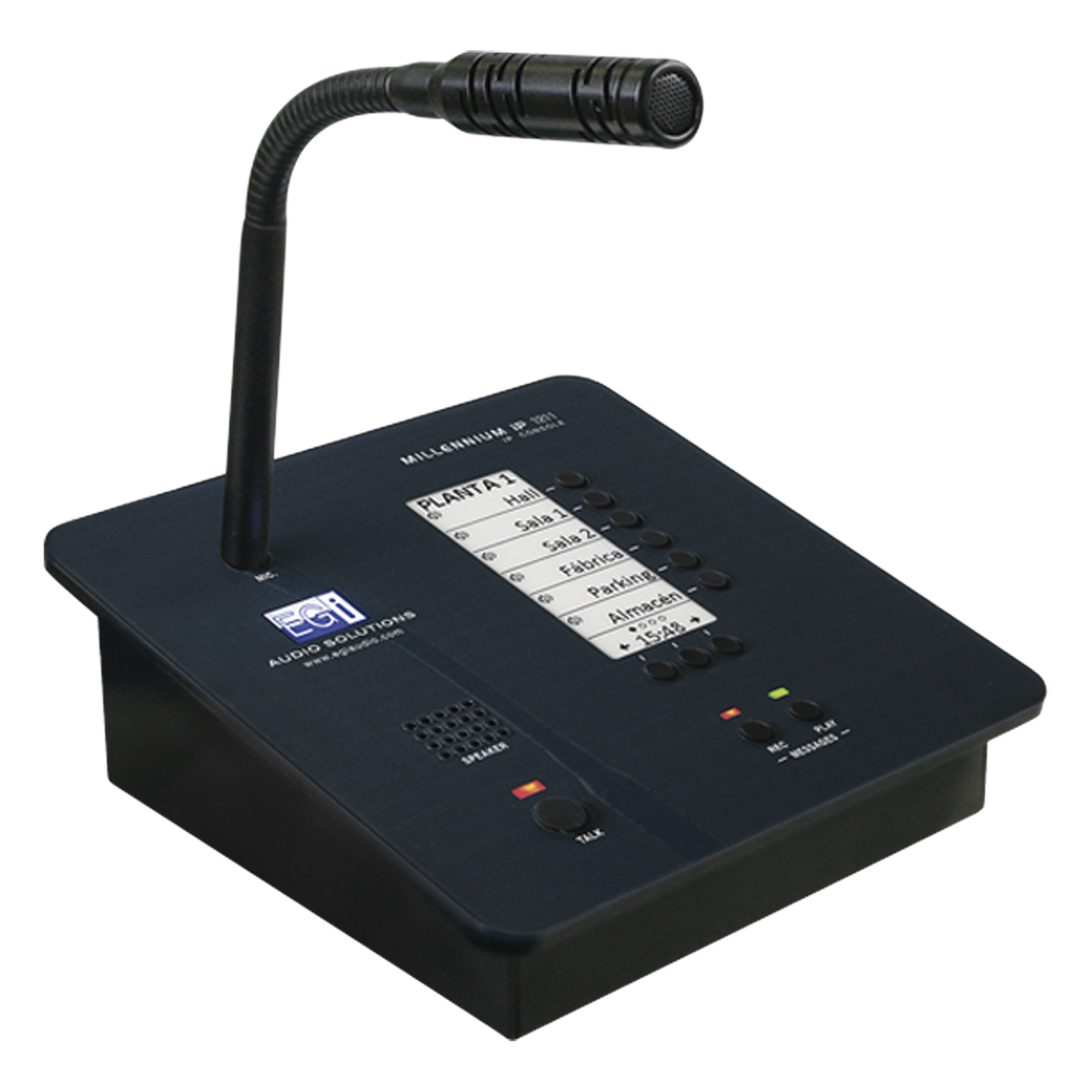 CONSOLA DE AVISOS MULTIZONA IP CON DISPLAY, MICRÓFONO Y GRABADOR DE MENSAJES — EGI AUDIO SOLUTIONS · SKU 1211M
