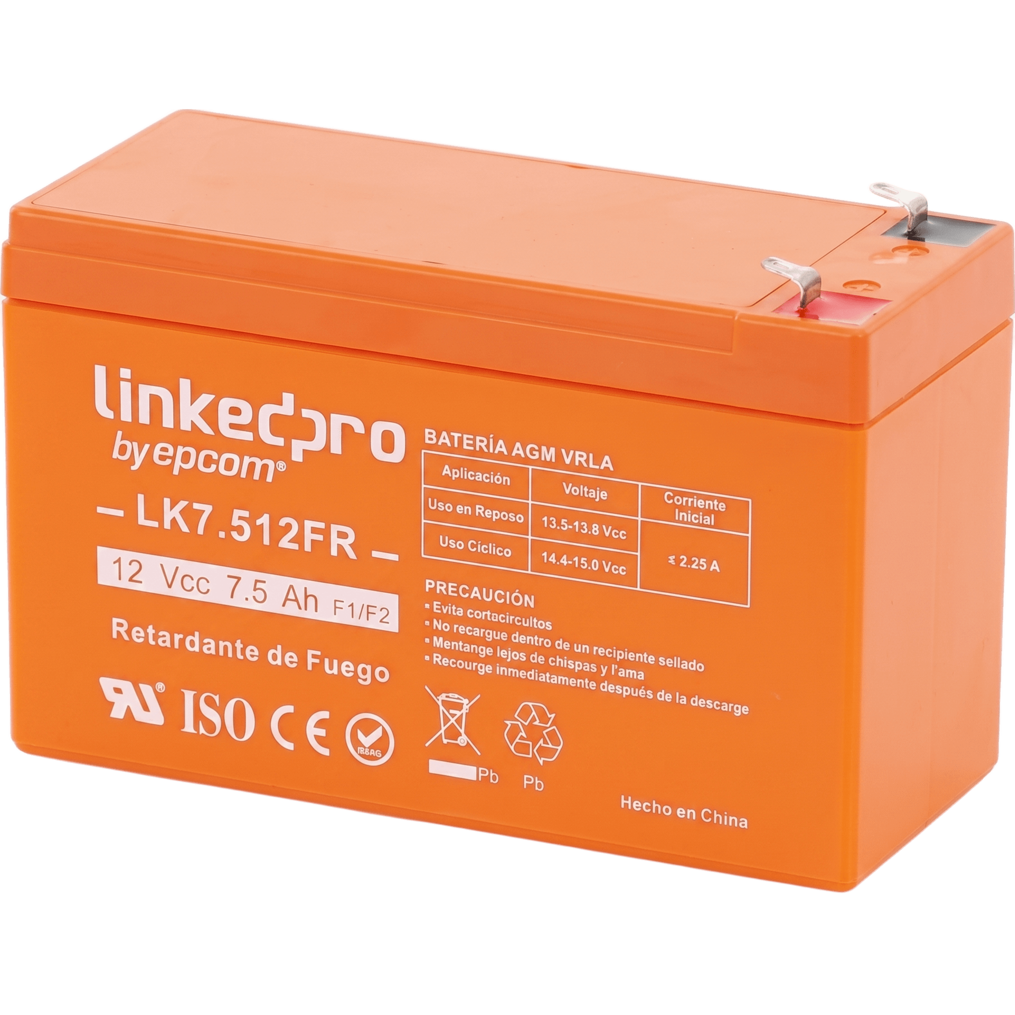 Batería de respaldo 12 V | 7.5 Ah | AGM | Certificada UL94-V0 Retardante a la Flama | Especial para Seguridad Electrónica | UPS | Sistemas de Emergencia | Vida útil 5 años | Terminales F1 + Adaptador F2