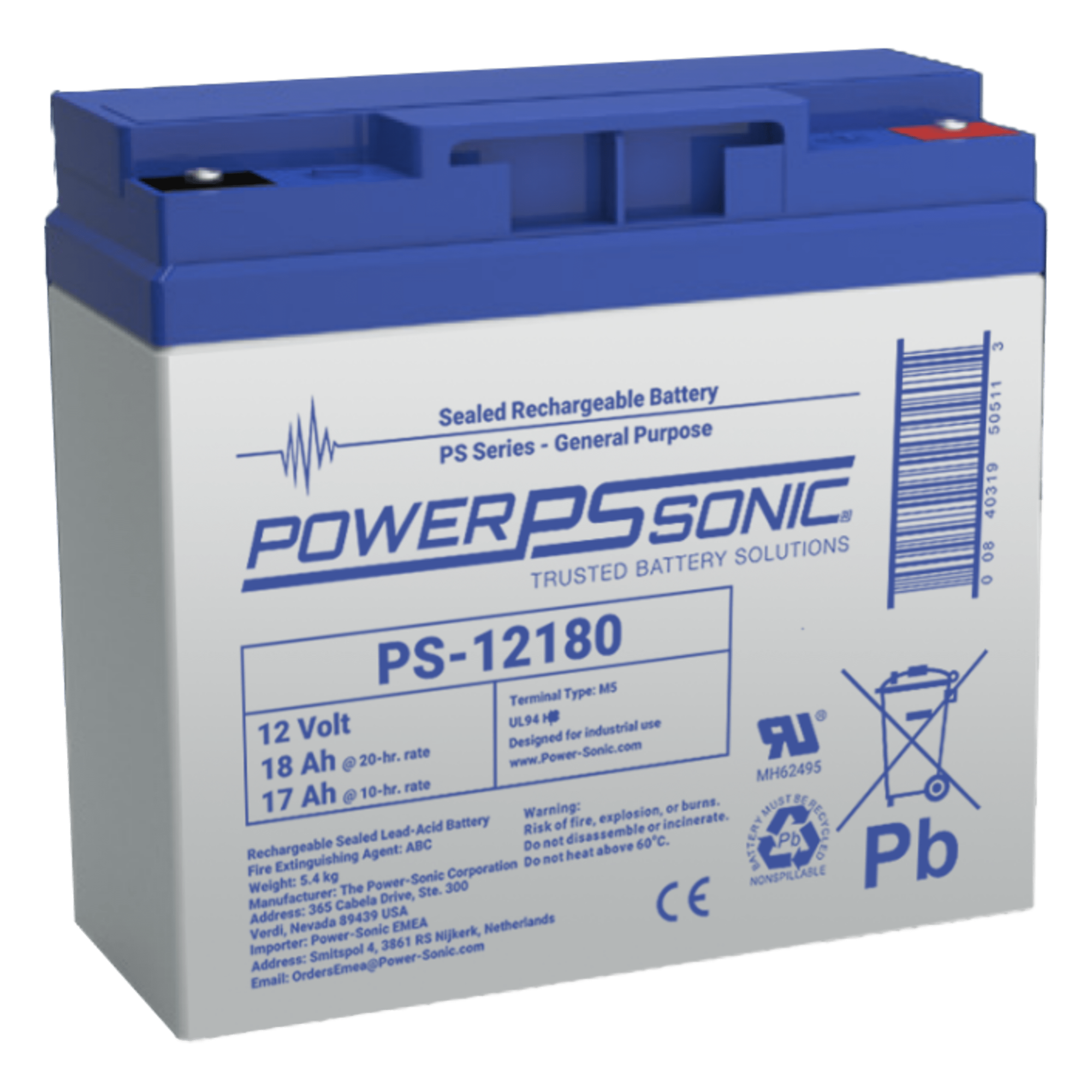 Batería de Respaldo AGM/VRLA / 12V / 18Ah / Terminales M5 / Vida Útil 5 Años / Libre de Mantenimiento — POWER SONIC · SKU PS-12180-M5
