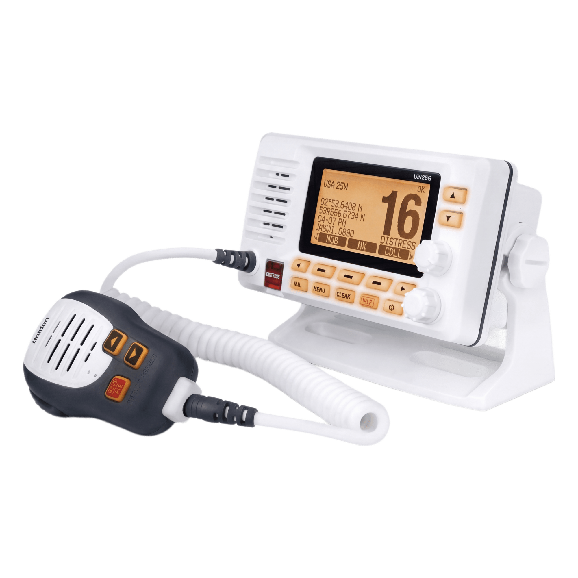 Radio Móvil Marino VHF / 25W RF / GPS Integrado / NMEA 2000 / DSC Clase D / IPX8 Sumergible / Blanco — UNIDEN · SKU UM-725G