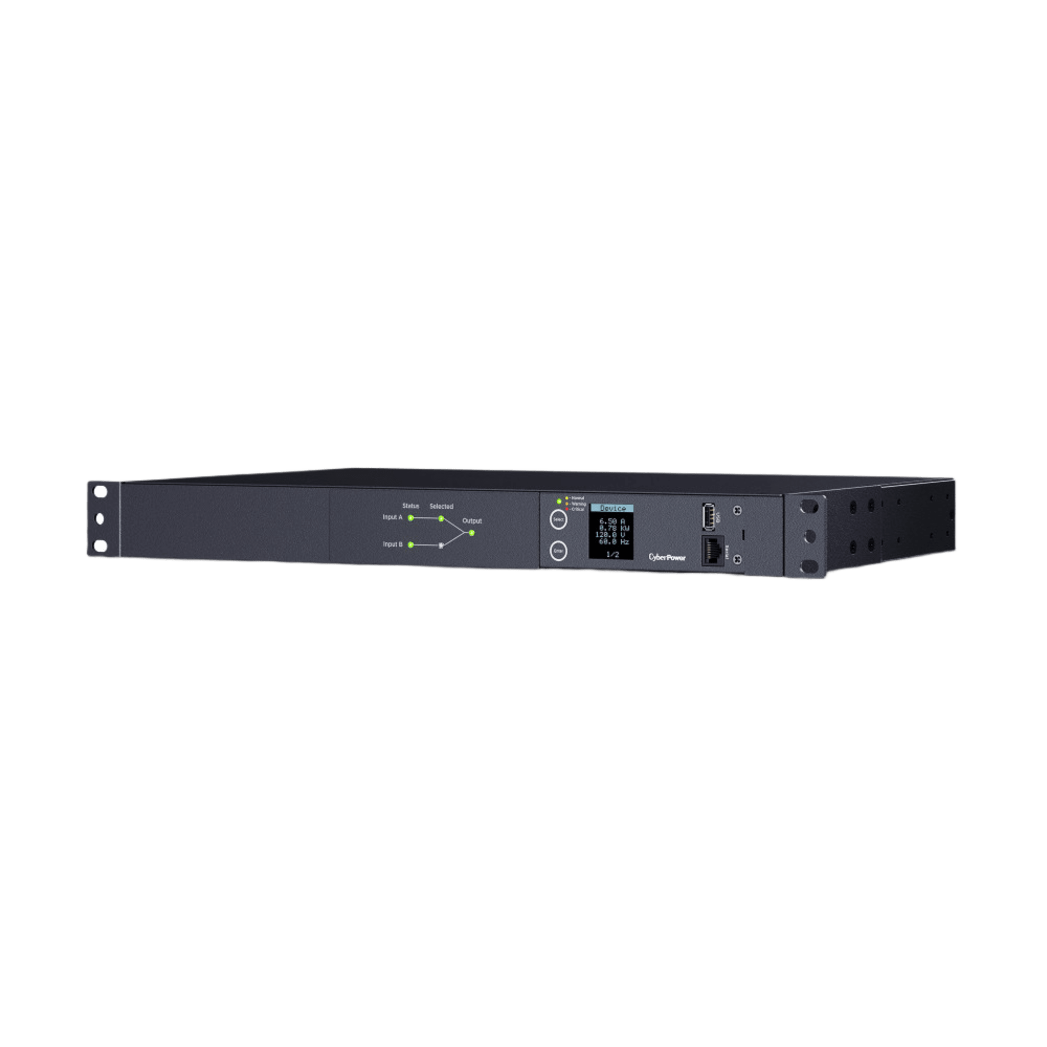 PDU ATS (Fuente Redundante Auto-transferible) Medible, Para Distribución de Energía, 2 Entradas 120 Vca NEMA5-15P, Con 10 Salidas NEMA 5-15R, Horizontal 19in, 1UR