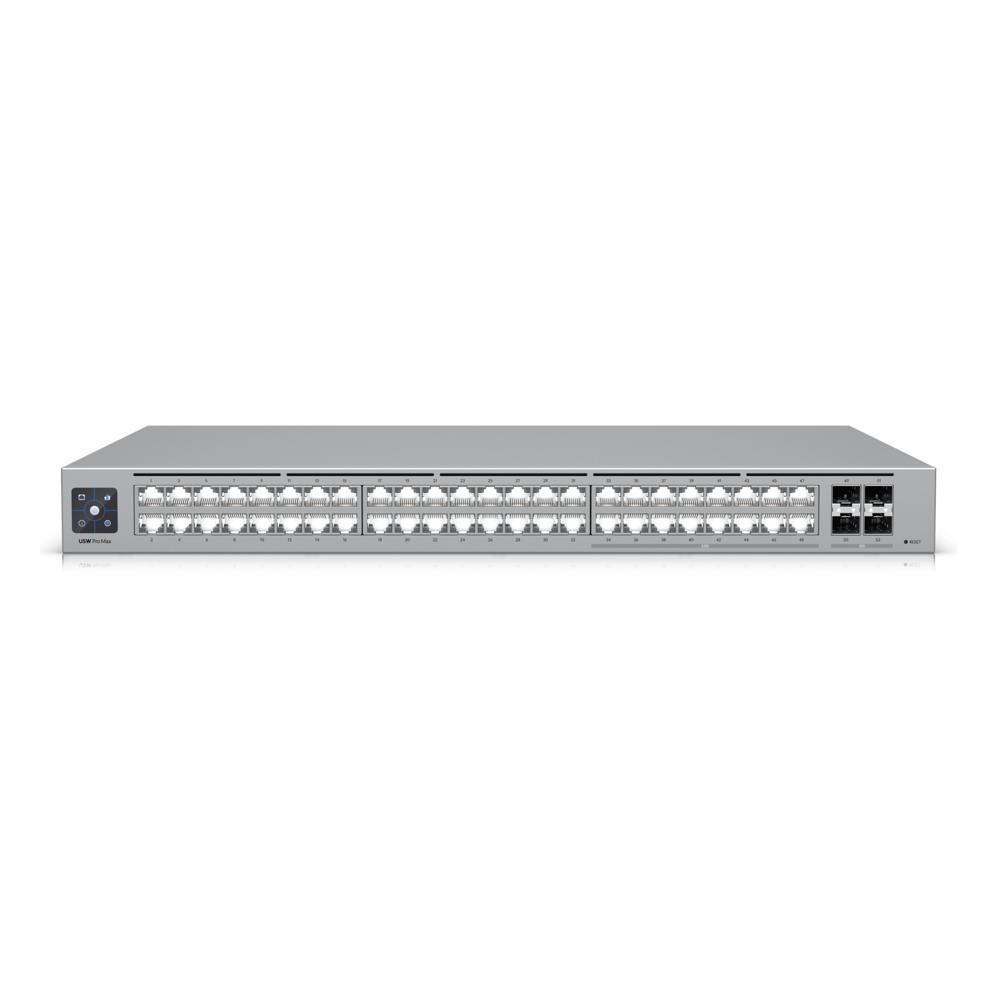 UniFi Switch Pro Max 48 – Switch Capa 3 con 48 Puertos (16 × 2.5 GbE y 32 × 1 GbE), 4 Puertos SFP+ 10G y Pantalla Informativa Integrada — UBIQUITI · SKU USW-PRO-MAX-48