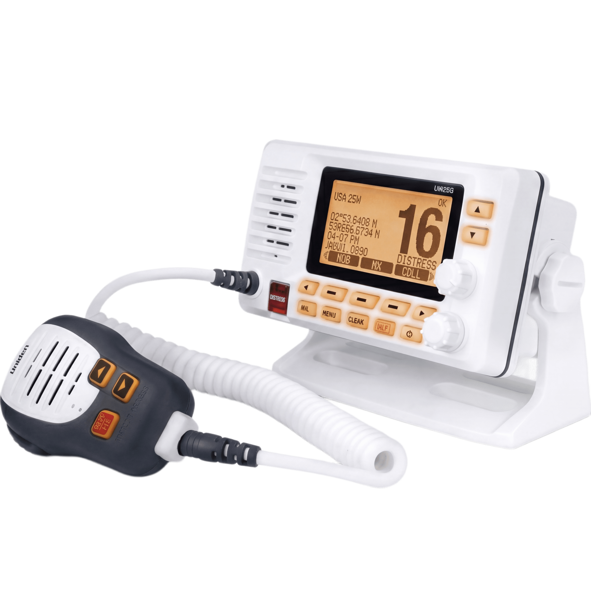 Radio Móvil Marino VHF / 25W RF / GPS Integrado / NMEA 2000 / DSC Clase D / IPX8 Sumergible / Blanco