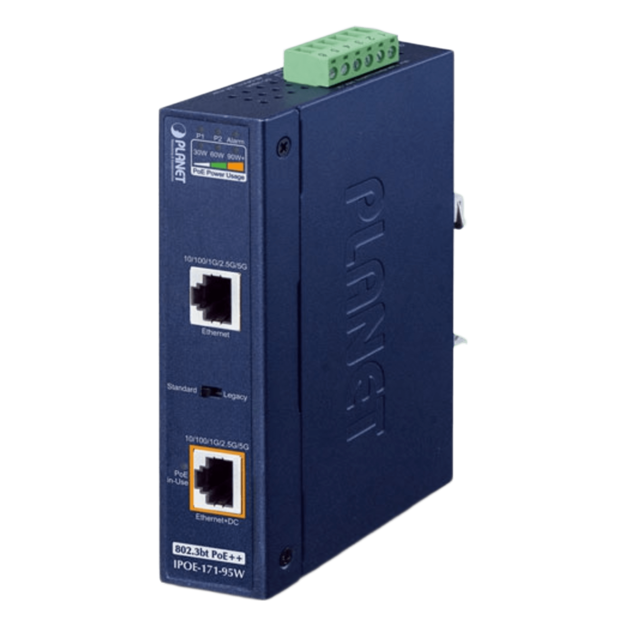 Inyector PoE++ Industrial / 95W / 2 Puertos RJ45 / Multi-Gigabit 5Gbps / -40 a 75°C / IP30 / Riel DIN o Pared — PLANET · SKU IPOE-171-95W