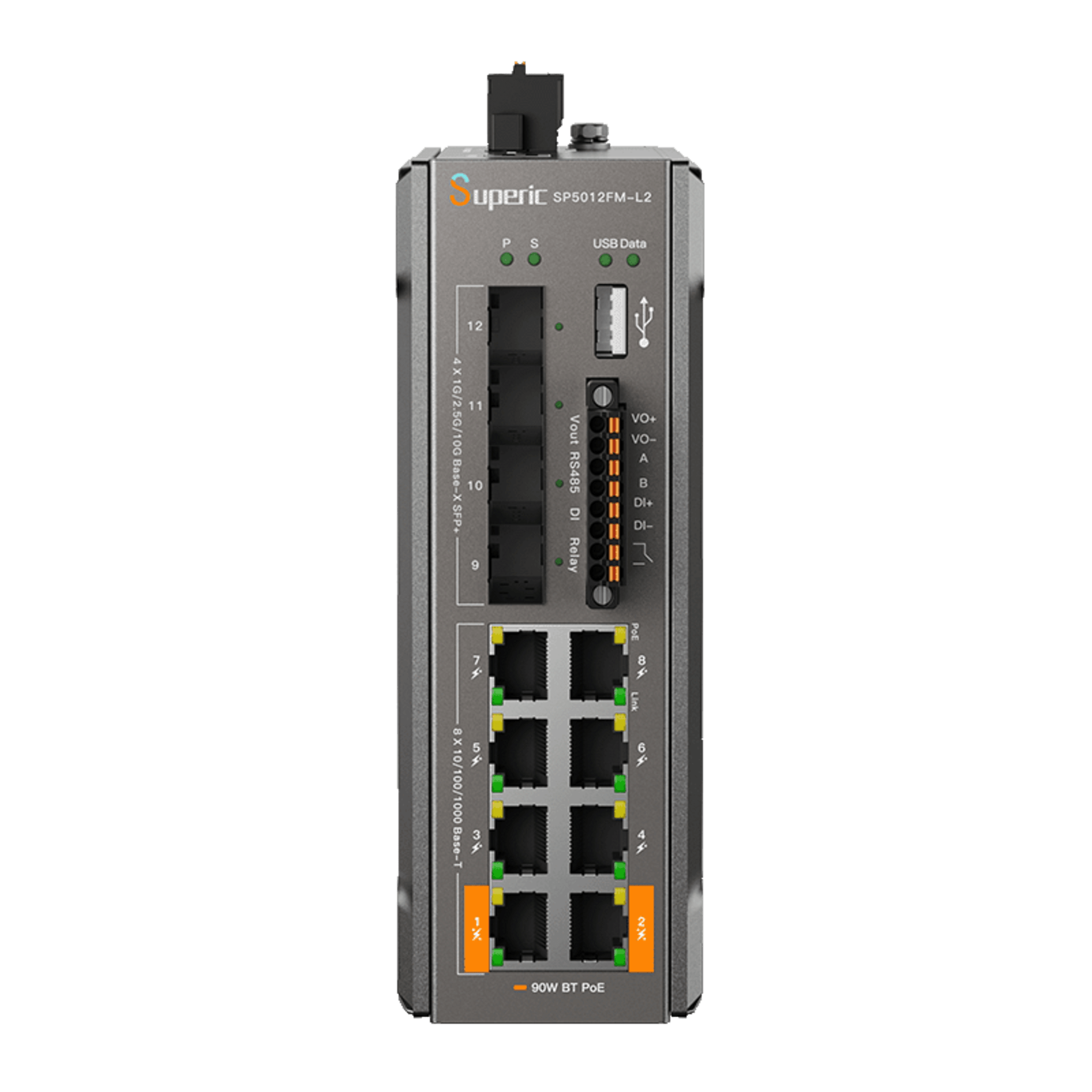 Switch de Red SP5012FM-L2 (V2) / 8 Puertos 10/100/1000Mbps PoE / 4 Puertos SFP 1000M/2.5G/10Gbps / Capacidad de Conmutación 96Gbps / Alimentación Dual DC / Instalación DIN-rail, Pared o Escritorio / Certificaciones CE, FCC, RoHS, UKCA
