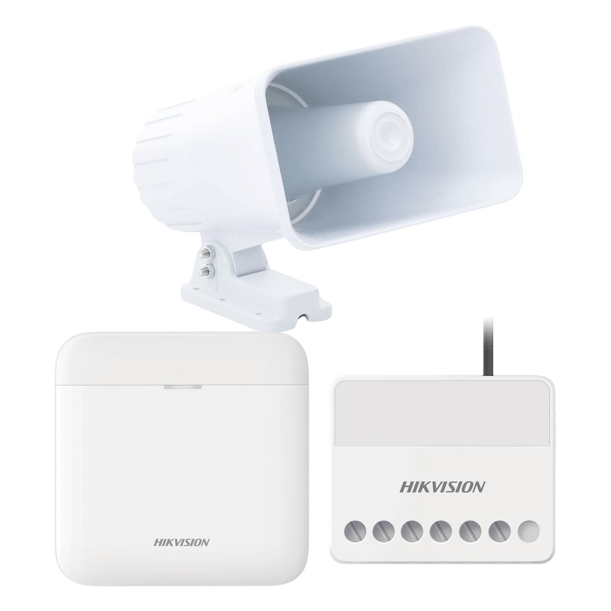 (AXPRO) KIT de alarma AX PRO con sirena cableada 30W / Incluye: 1 Hub con Batería de respaldo / 1 Sirena Cableada de 30 Watts IP65 / 1 Relevador Inalámbrico 0 a 36 VCC / Compatible con Hik-Connect P2P — HIKVISION · SKU AXPRO-KIT-SIRENA-C