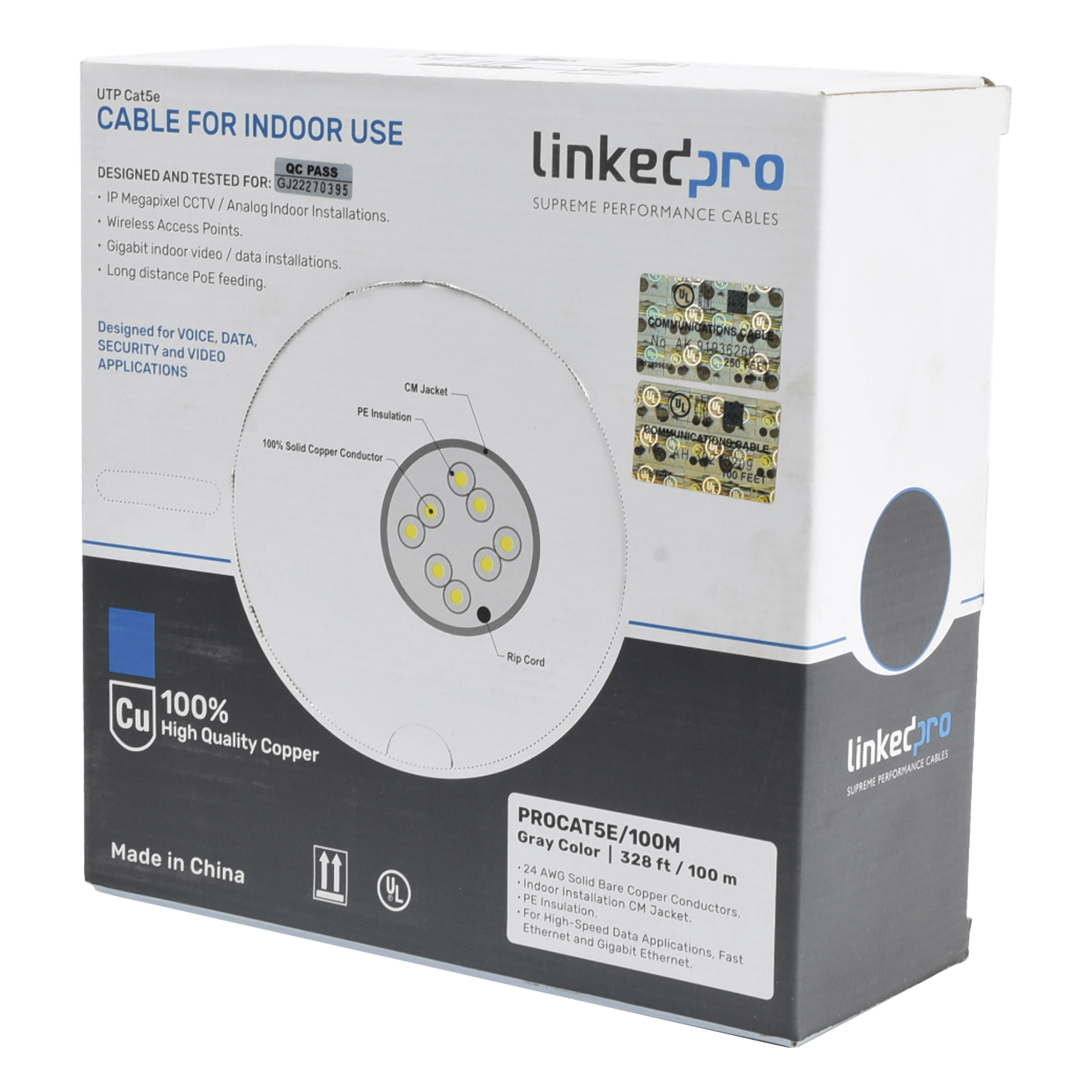 Cable UTP Cat5e / 4 Pares / 100% Cobre Calibre 24 / 100 MHz / 100 m (328 Pies) / Interior — LINKEDPRO BY EPCOM · SKU PRO-CAT-5E/100M