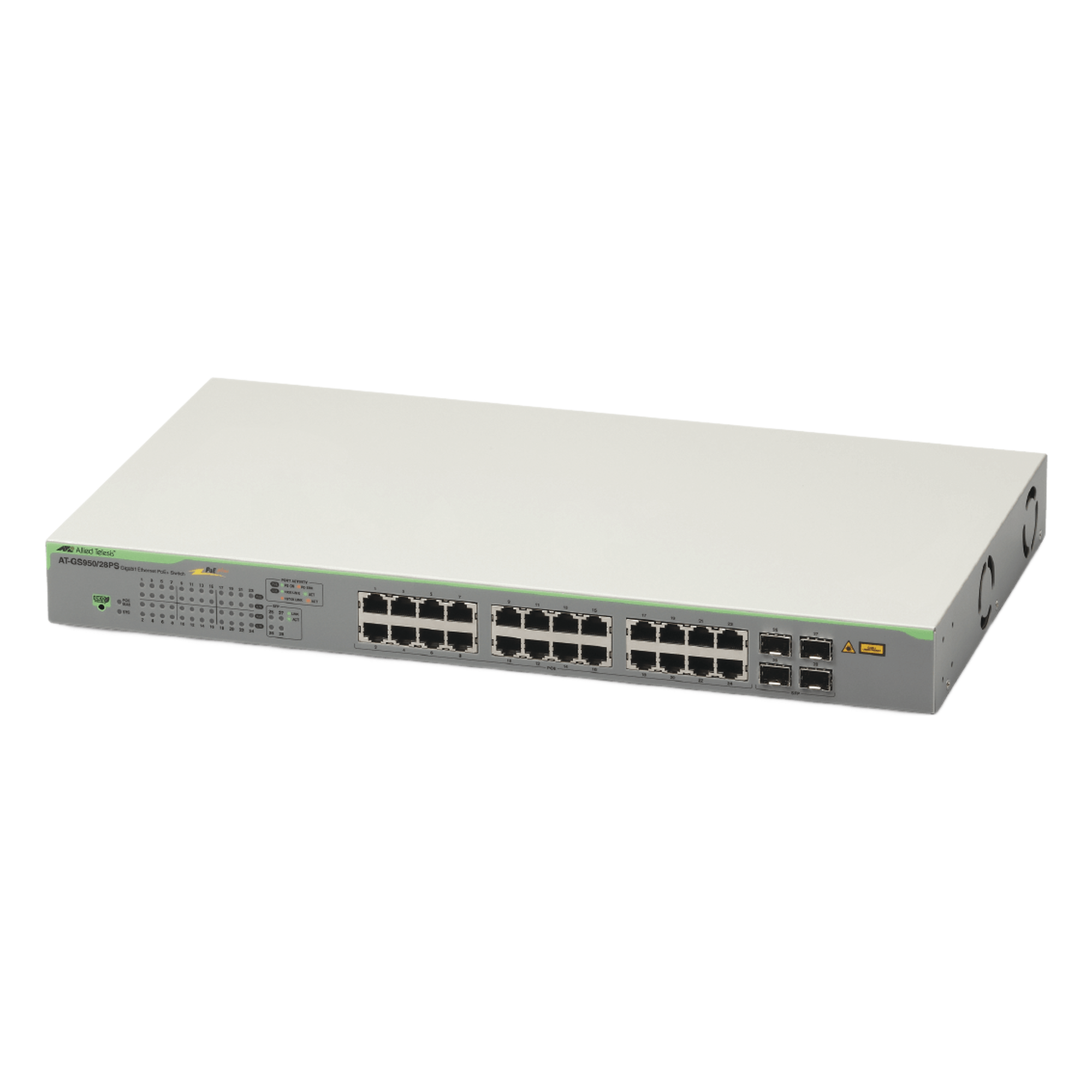 Switch PoE+ Gigabit WebSmart de 24 puertos 10/100/1000 Mbps + 4 puertos SFP Gigabit, 185 W — ALLIED TELESIS · SKU AT-GS950-28PS-10