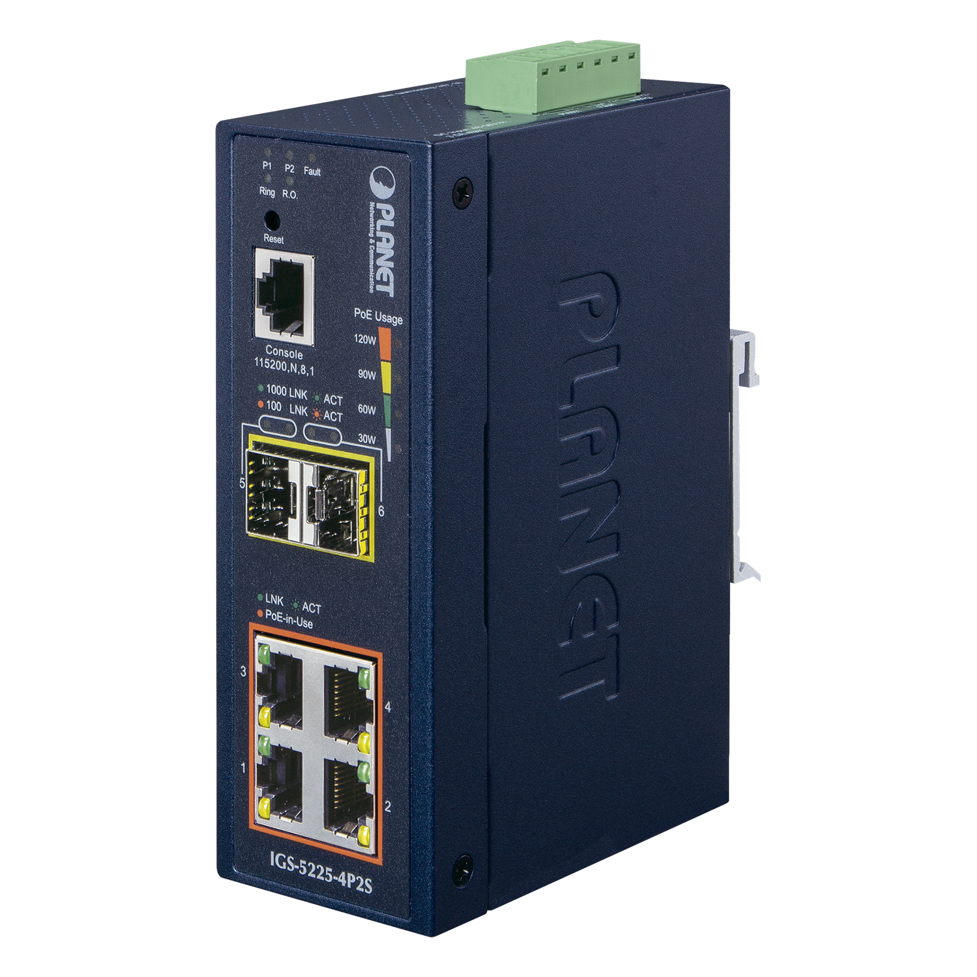 Switch Industrial Administrable Capa 2, 4 Puertos PoE 802.3af/at 10/100/1000T, 2 Puertos SFP 100/1000X — PLANET · SKU IGS-5225-4P2S
