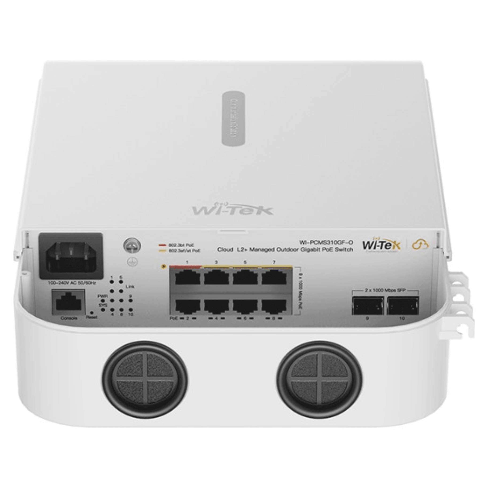 Switch PoE Gigabit 8 Puertos / 2 SFP Uplink / PoE++ 802.3bt 90W Puerto 1-2 / PoE+ 802.3at 30W Puerto 3-8 / 110W Presupuesto Total / 20Gbps Switching / Sin Ventilador / Montaje en Pared o Poste / Industrial -30°C a 60°C — WI-TEK · SKU WIPCMS310GFOV2