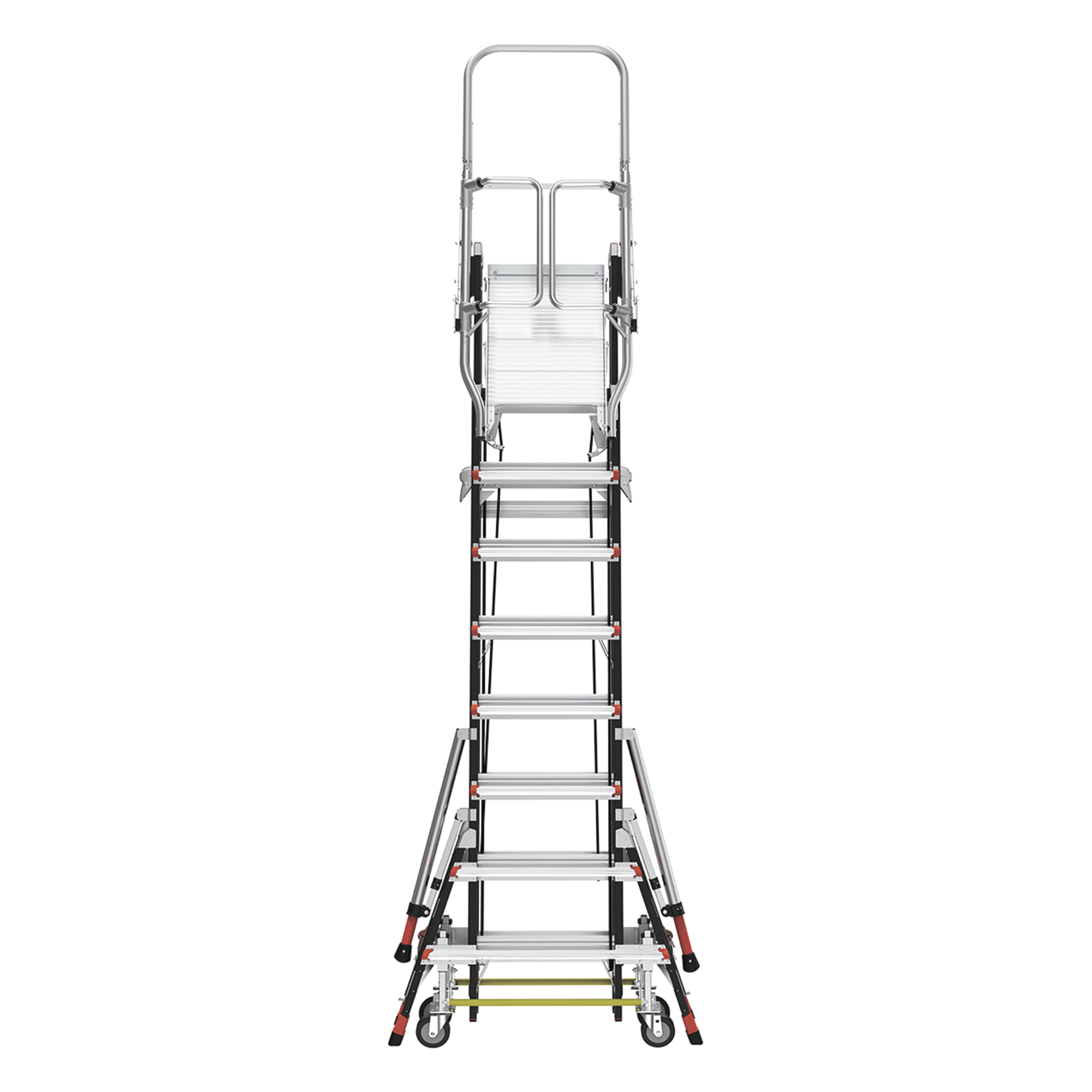 Escalera de Fibra de Vidrio con Jaula de 8'-14' (2.44 - 4.27 m). Con Ajuste en Ruedas (RATCHET™ Leveler) (SKU:18515-817).