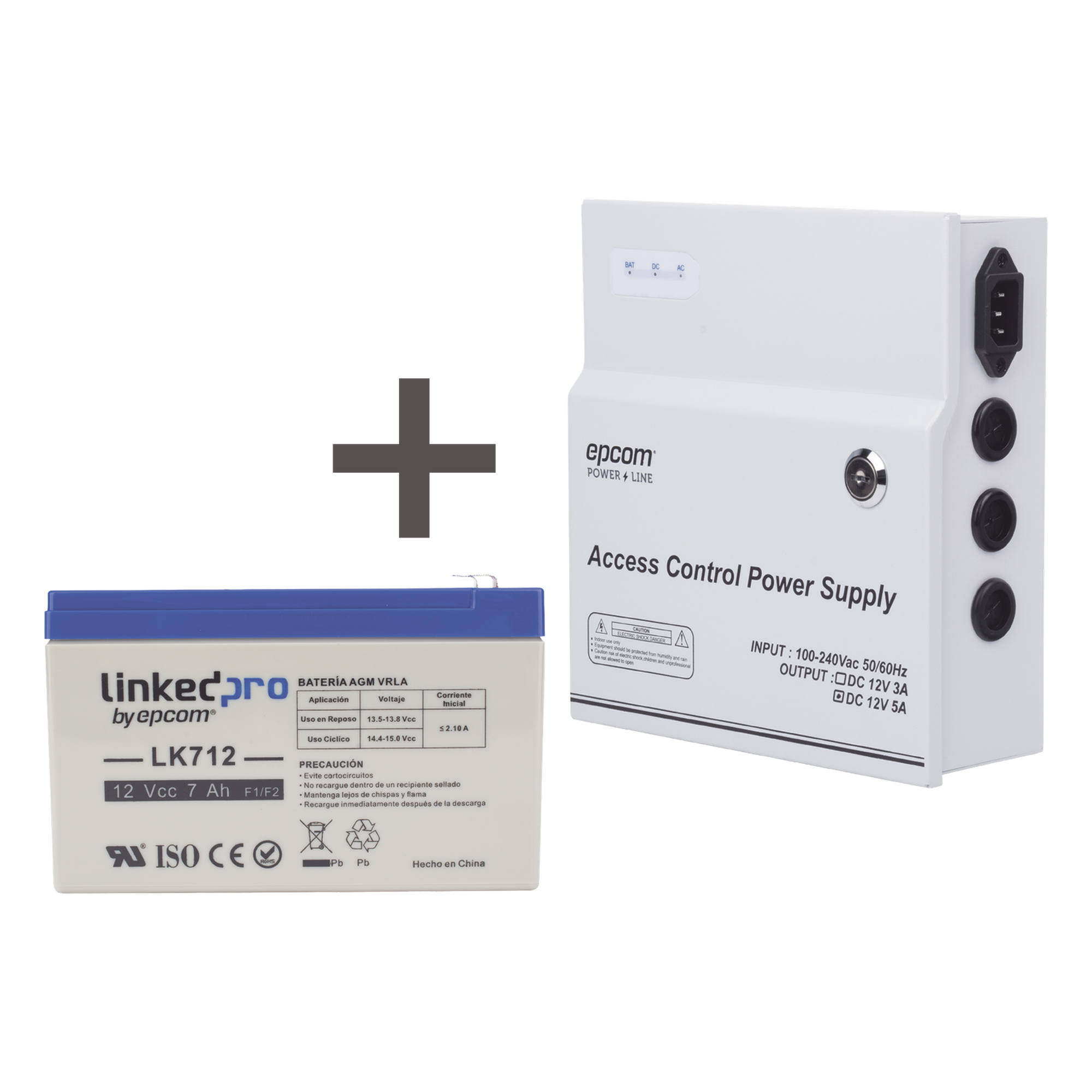 Kit / Fuente regulada de 11 - 15 V @ 5A / Capacidad de respaldo / Modelo ACPST1205 + Batería incluida LK712 — EPCOM POWERLINE · SKU ACPST1205/K