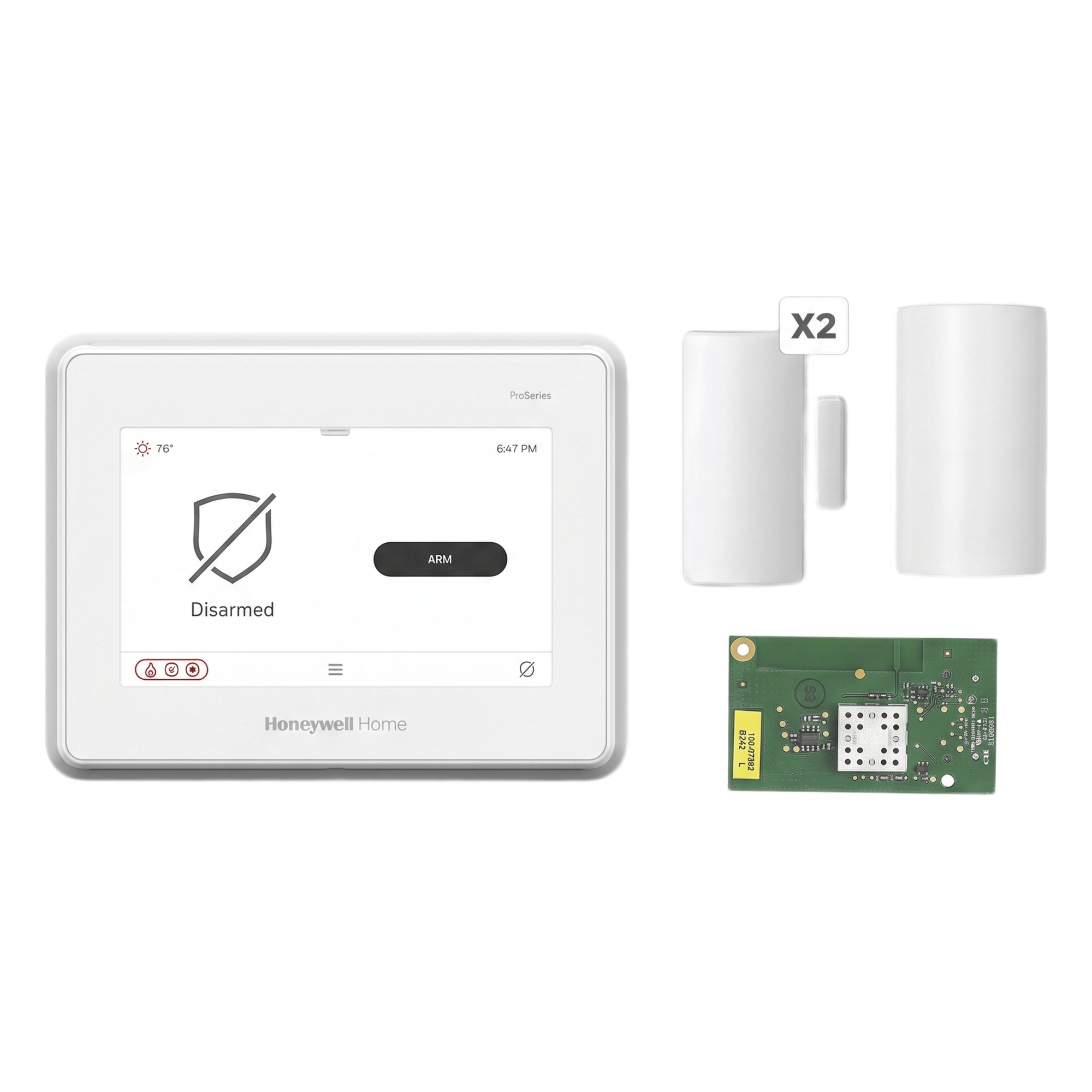 Kit de alarma con panel de pantalla táctil de 7 pulgadas, módulo WiFi y Z-Wave, sensor de movimiento PIR y 2 contactos magnéticos para puertas y ventanas — HONEYWELL HOME RESIDEO · SKU PROA7FAWPM