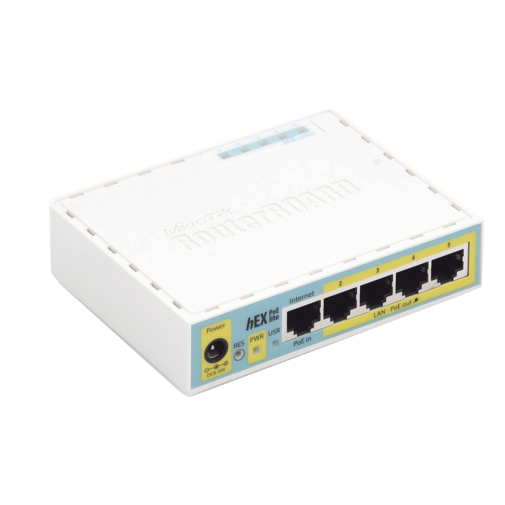 (hEX PoE LITE) RouterBoard, 5 Puertos Fast Ethernet, 4 con PoE Pasivo, 1 Puerto USB