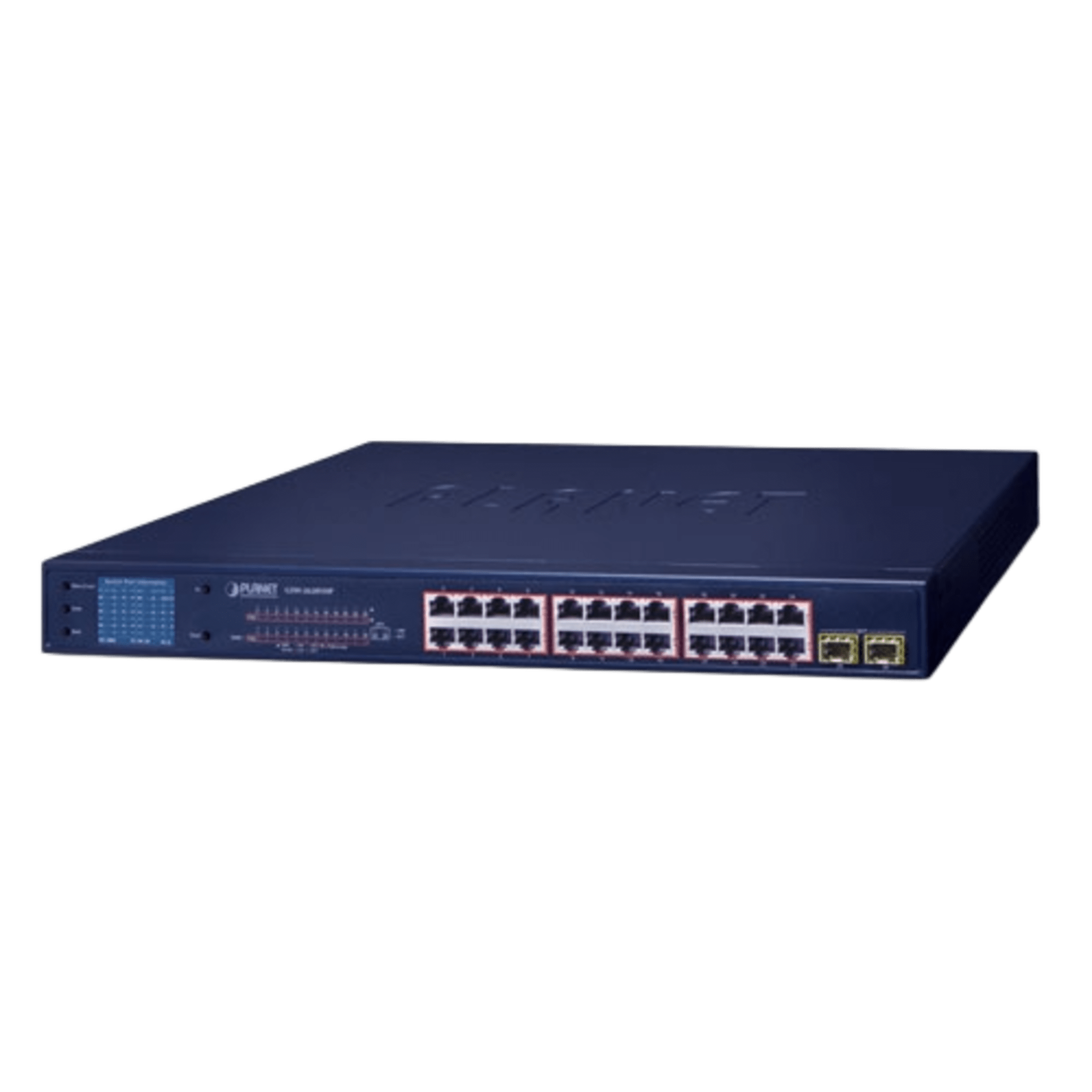 Switch PoE de 24 Puertos Gigabit 802.3af/at con Modo Extendido 250 m, 2 Puertos SFP 1000SX , Pantalla LCD para Configuración Básica, Hasta 300 W para PoE — PLANET · SKU GSW-2620VHP