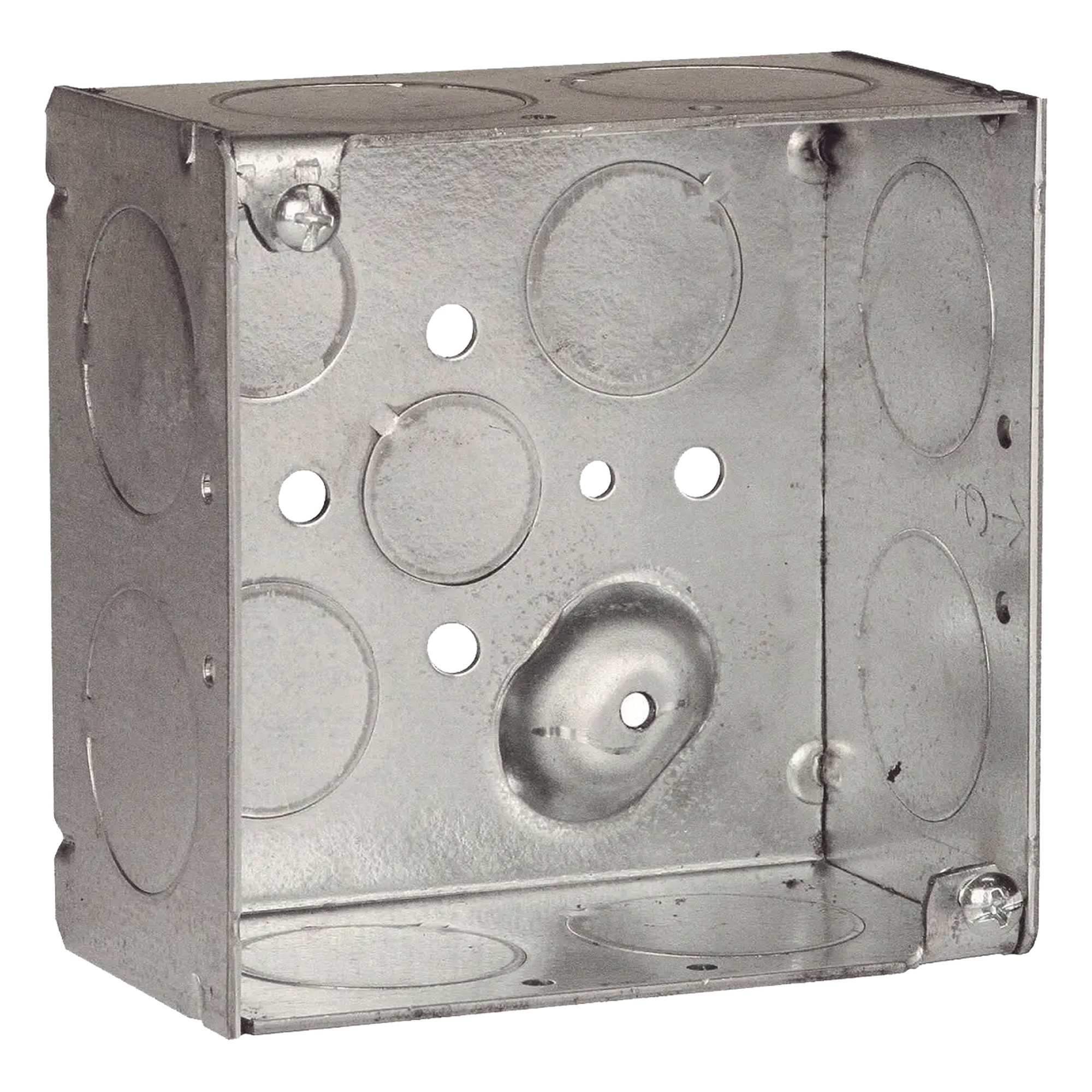Caja Cuadrada Galvanizada de 4" x 4"/ Profundidad de 2 1/8" /8 Entradas 1", 3 Entradas 1/2" y  2 Entradas 3/4"/ Soldada. — RACO · SKU HUB-233