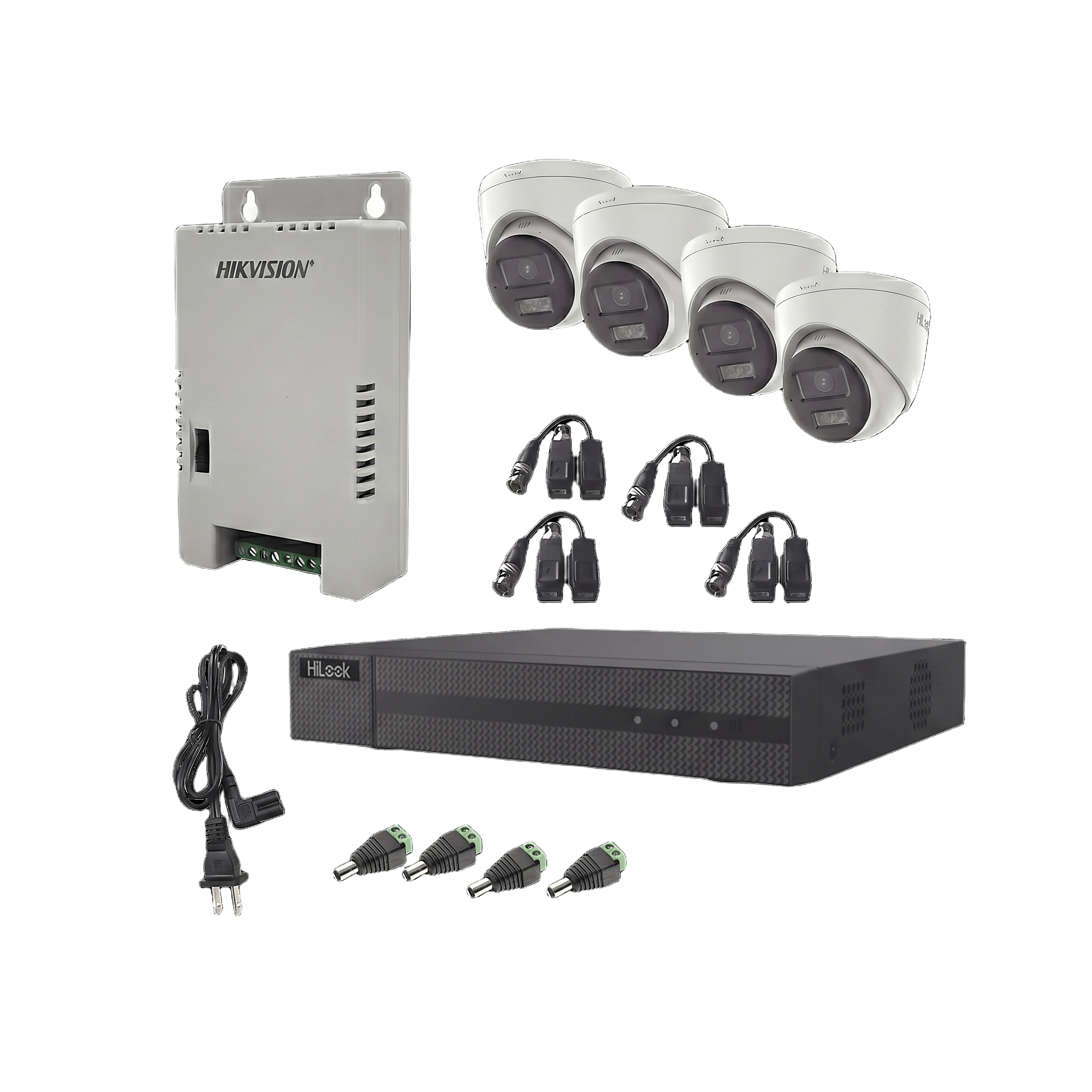 Kit HiLook Audio Bidireccional TurboHD 1080p / DVR Metalico 4 Canales / 4 Cámaras Eyeball (Exterior) con Bocina y Microfóno Integrado / 1 Fuente de Poder / Accesorios