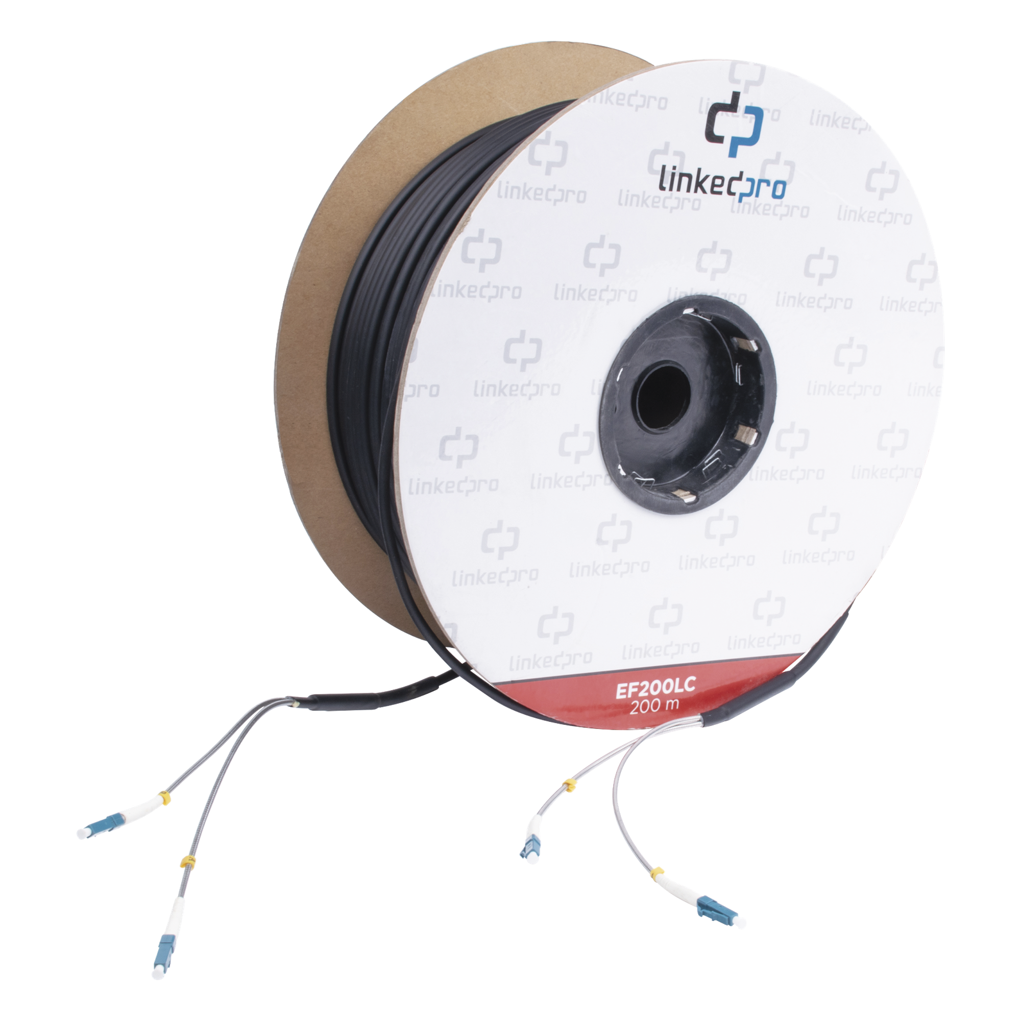 Carrete de Fibra Óptica Monomodo con Conectores LC-LC Duplex, Reforzada con Kevlar, de 200 Metros (656.17 Pies), Para Instalaciones Subterráneas por Tubería — LINKEDPRO BY EPCOM · SKU EF-200-LC