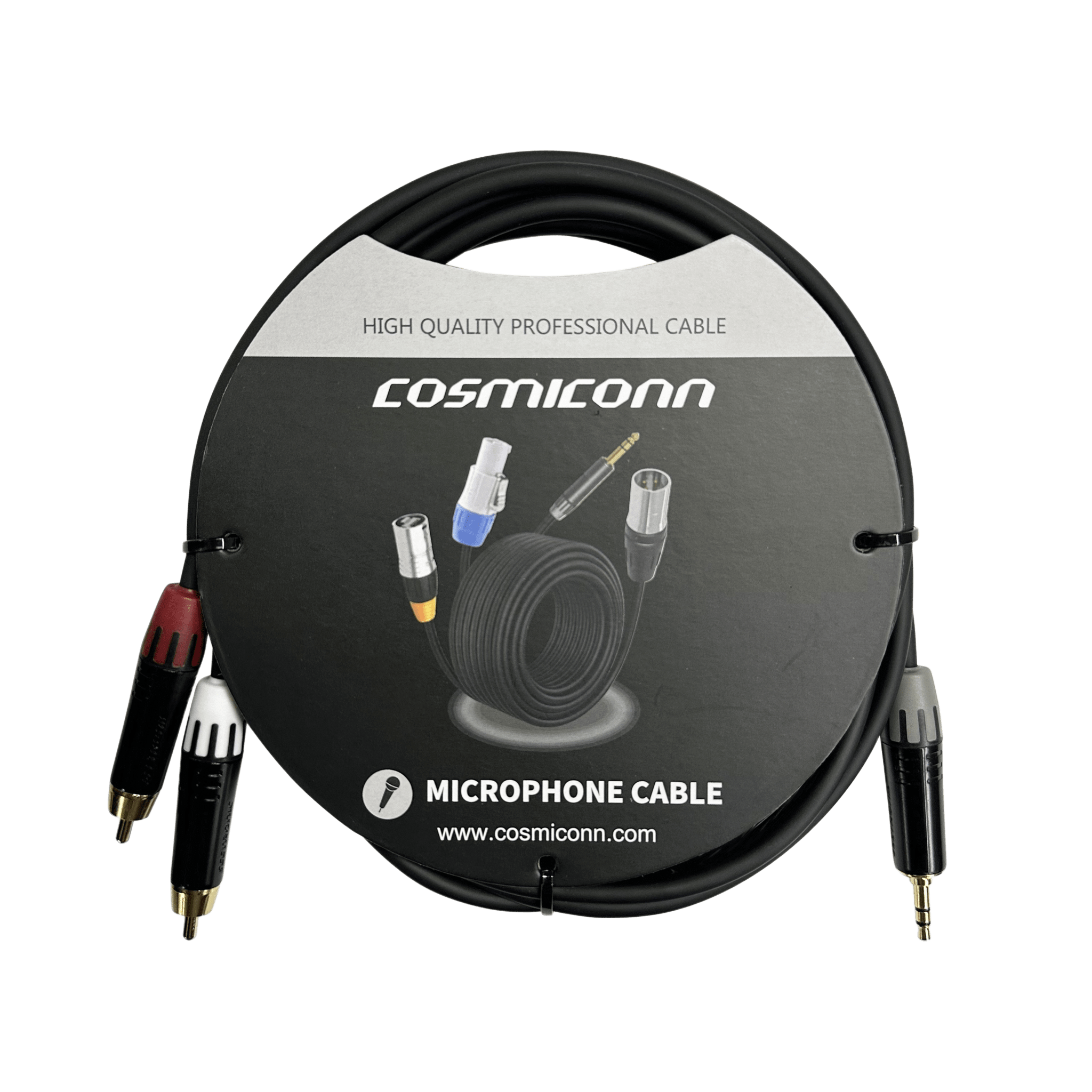 Cable 3.5mm a 2 RCA, conectores negros, con diferenciador de blanco y rojo en RCA MT380-RD - MT380-WH - MTP3C-BG, length 10m