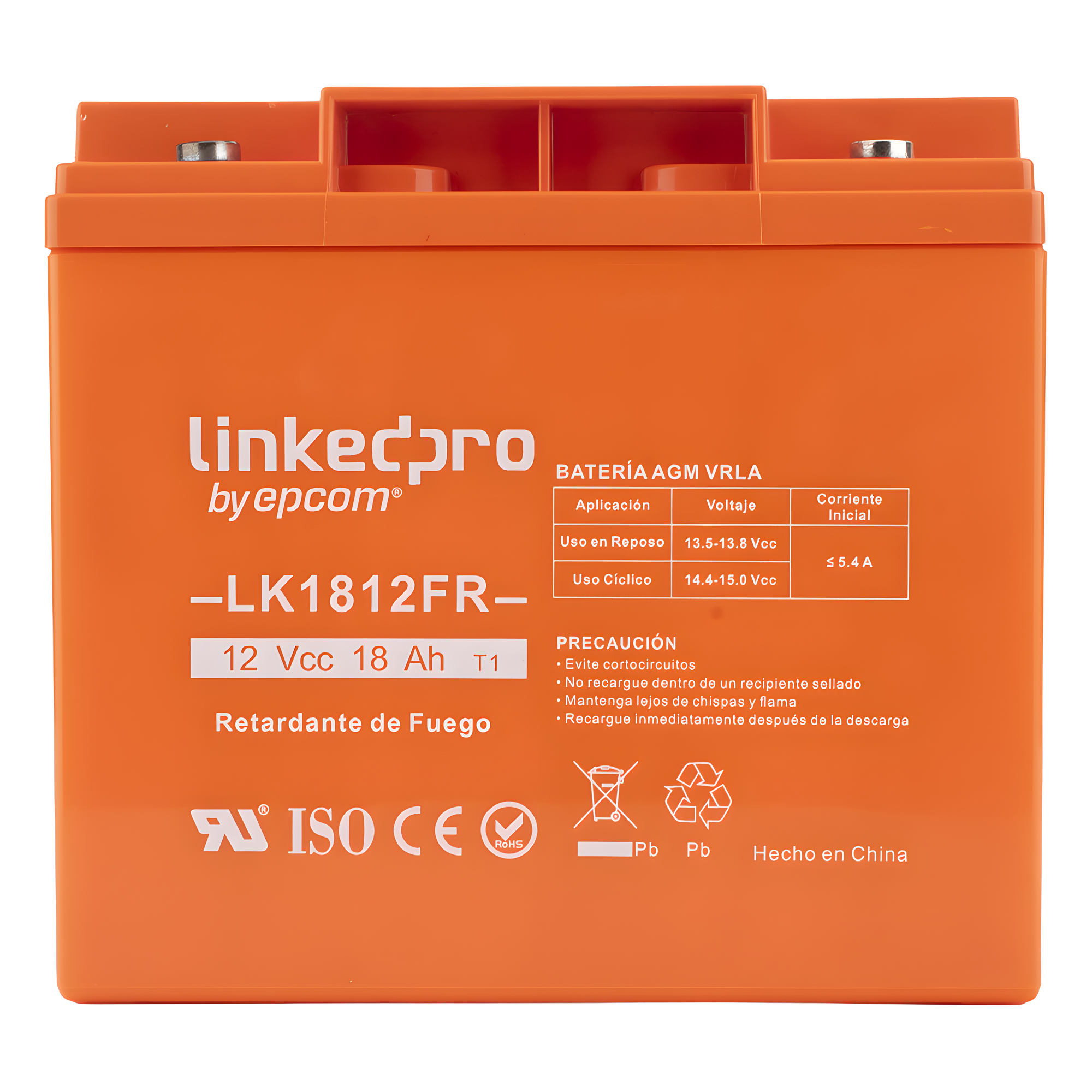 Batería de respaldo 12 V | 18 Ah | AGM | Certificada UL94-V0 Retardante a la Flama | Especial para Seguridad Electrónica | UPS | Sistemas de Emergencia | Vida útil 5 años | Terminales T1 — LINKEDPRO BY EPCOM · SKU LK1812FR