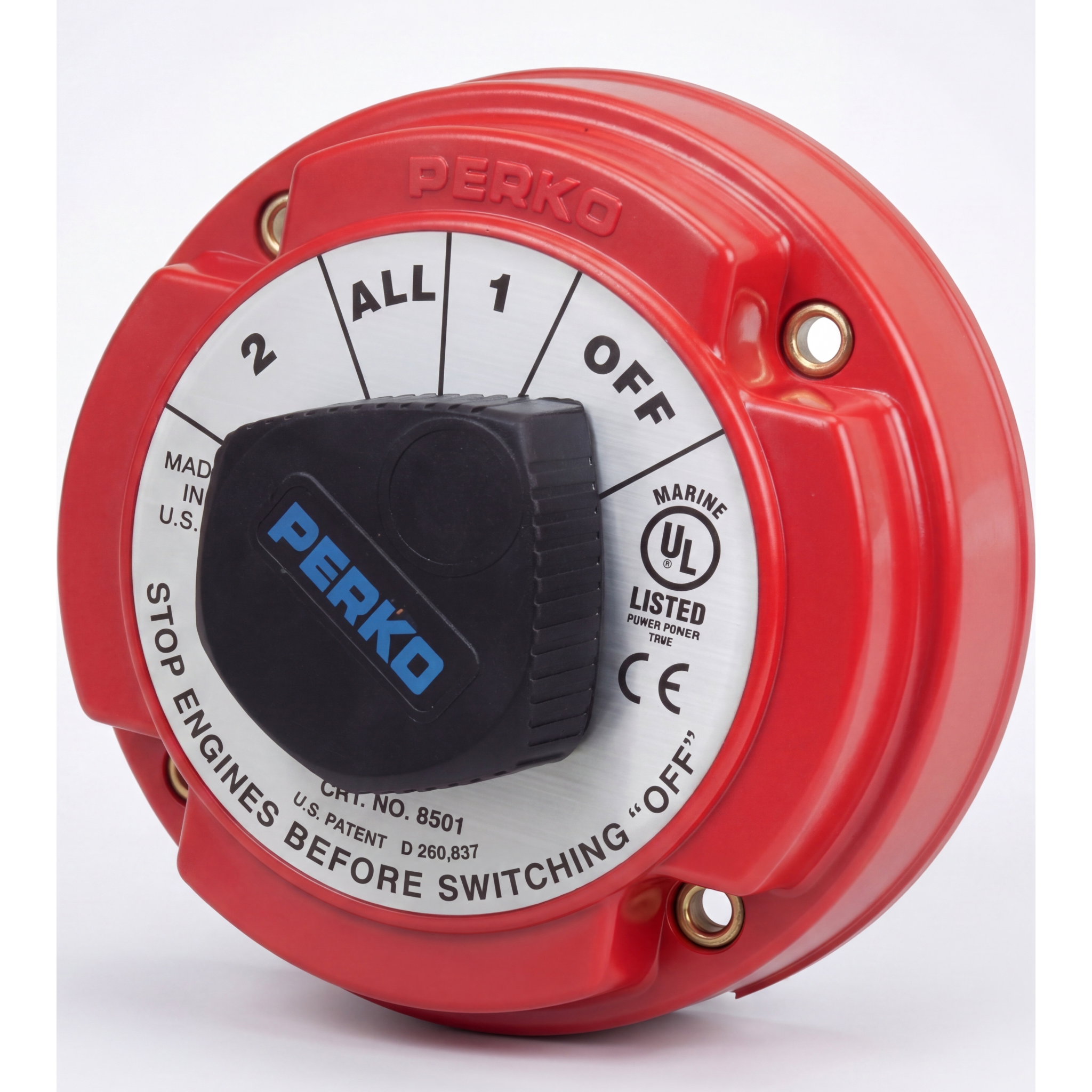Switch Selector de Batería Marina PERKO 8501 / 250A Continuos 360A Intermitentes / 6-32 VCC / Encendido Protegido / Selector 1-2-Both-Off / Desconexión de Alternador