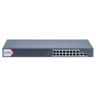 Switch Gigabit PoE+ / Administrable / 16 Puertos 1000 Mbps PoE+ / 1 Puerto 1000 Mbps de Uplink / 1 Puerto SFP /  Configuración Nube desde Hik-Partner Pro / Modo Extendido hasta 300 Metros / 230 Watts — HIKVISION · SKU DS-3E1518P-EI