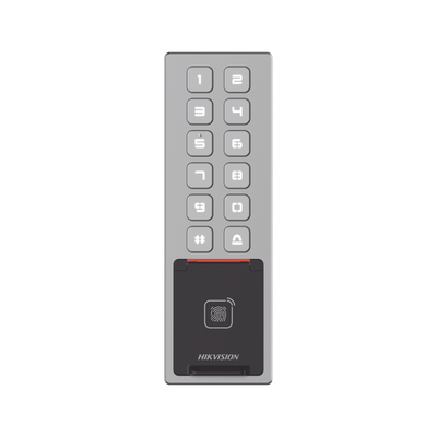 Teclado Exterior WiFi Antivandálico IP65 & IK08 / Administrable en la Nube / Alta y Baja de Passwords Remotamente con Horarios / Acceso por PIN, Tarjeta MIFARE, Huella y Tarjeta Virtual Bluetooth — HIKVISION · SKU DS-K1T805MBFWX