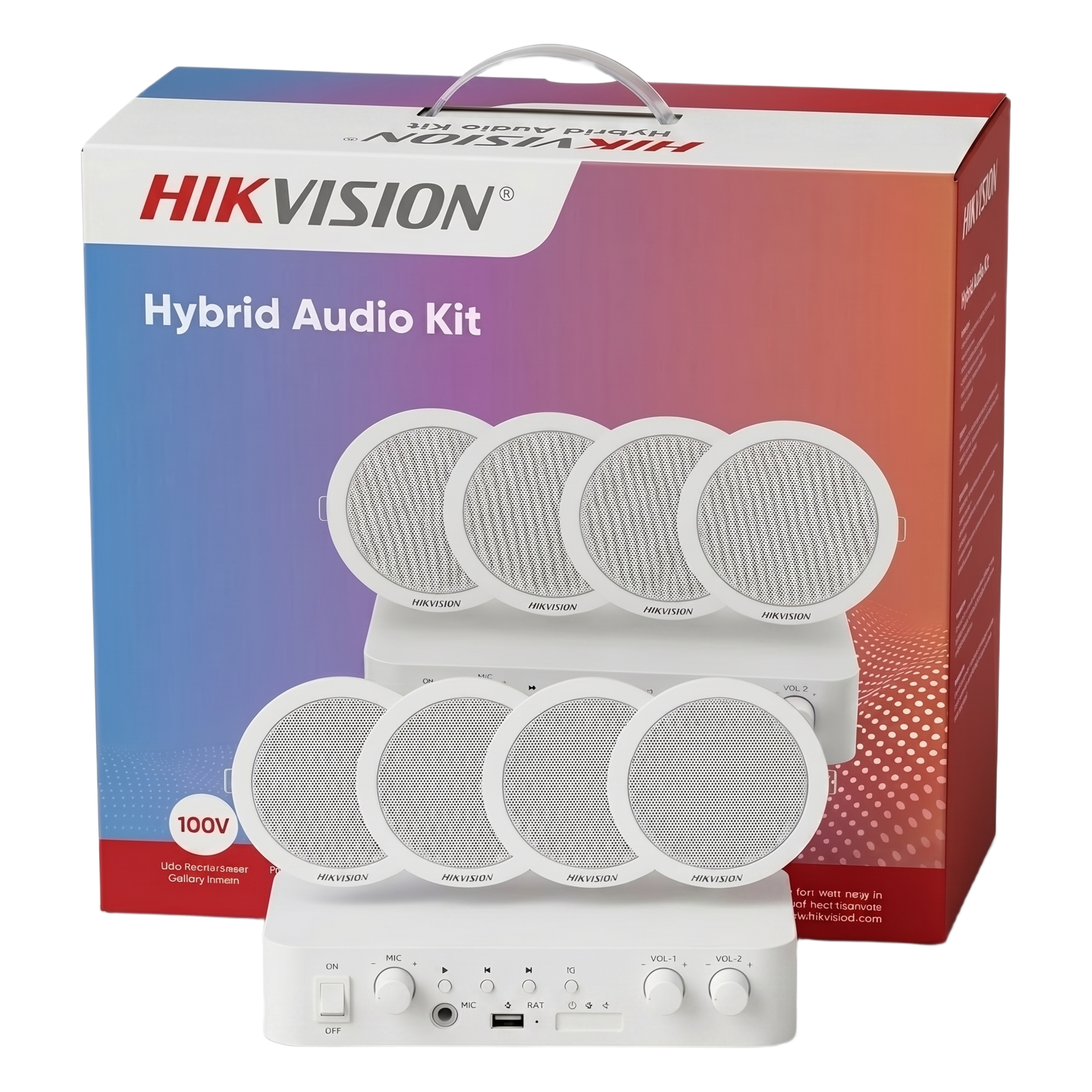 Kit de Amplificador Bluetooth / 4 Altavoces para Plafón / 2 Canales 30W / Control de Volumen Independiente / 100V/70V — HIKVISION · SKU DS-QAE0KA60206-4