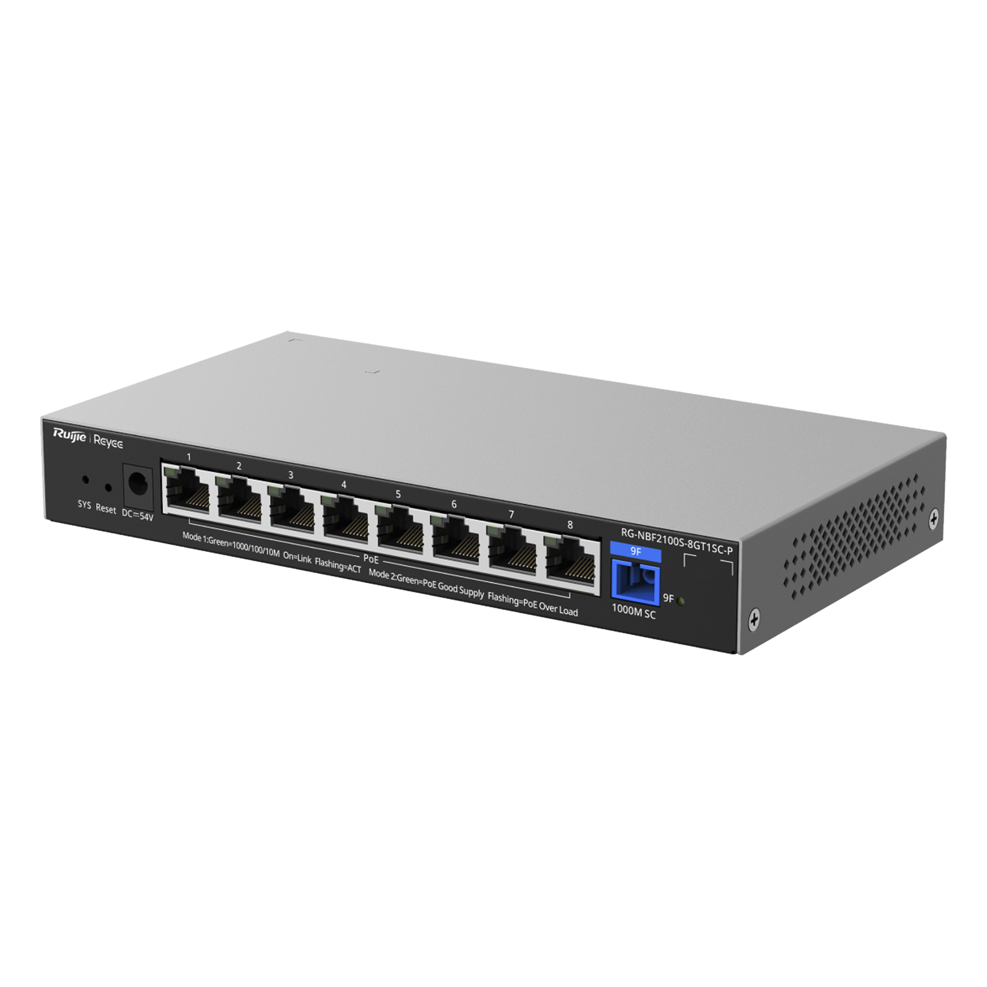 e-Lighten ONU / Switch PoE+ Hibrido, Capa 2 con un Puerto PON 1G SC/UPC y 8 Puertos Ethernet PoE+ 1G hasta 120 Watts y 100 Clientes — RUIJIE · SKU RG-NBF2100S-8GT1SC-P