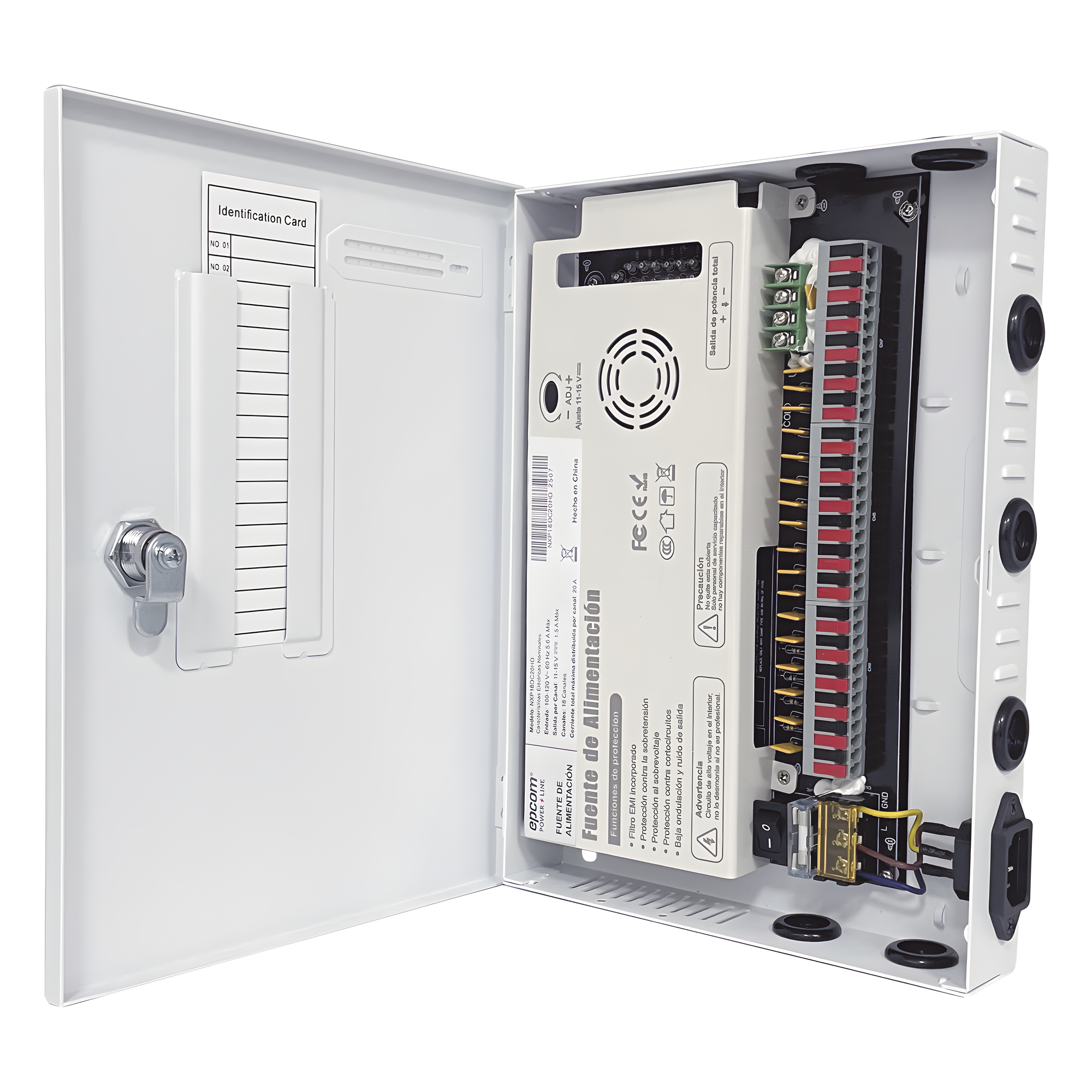Fuente / 11-15 V / 18 canales / 20 A / Alta tecnología en seguridad / Doble ventilador / Hasta 1.8 Amperes por Salida / Filtro de ruido por canal / Diseño de alta gama. — EPCOM POWERLINE · SKU NXP18DC20HD