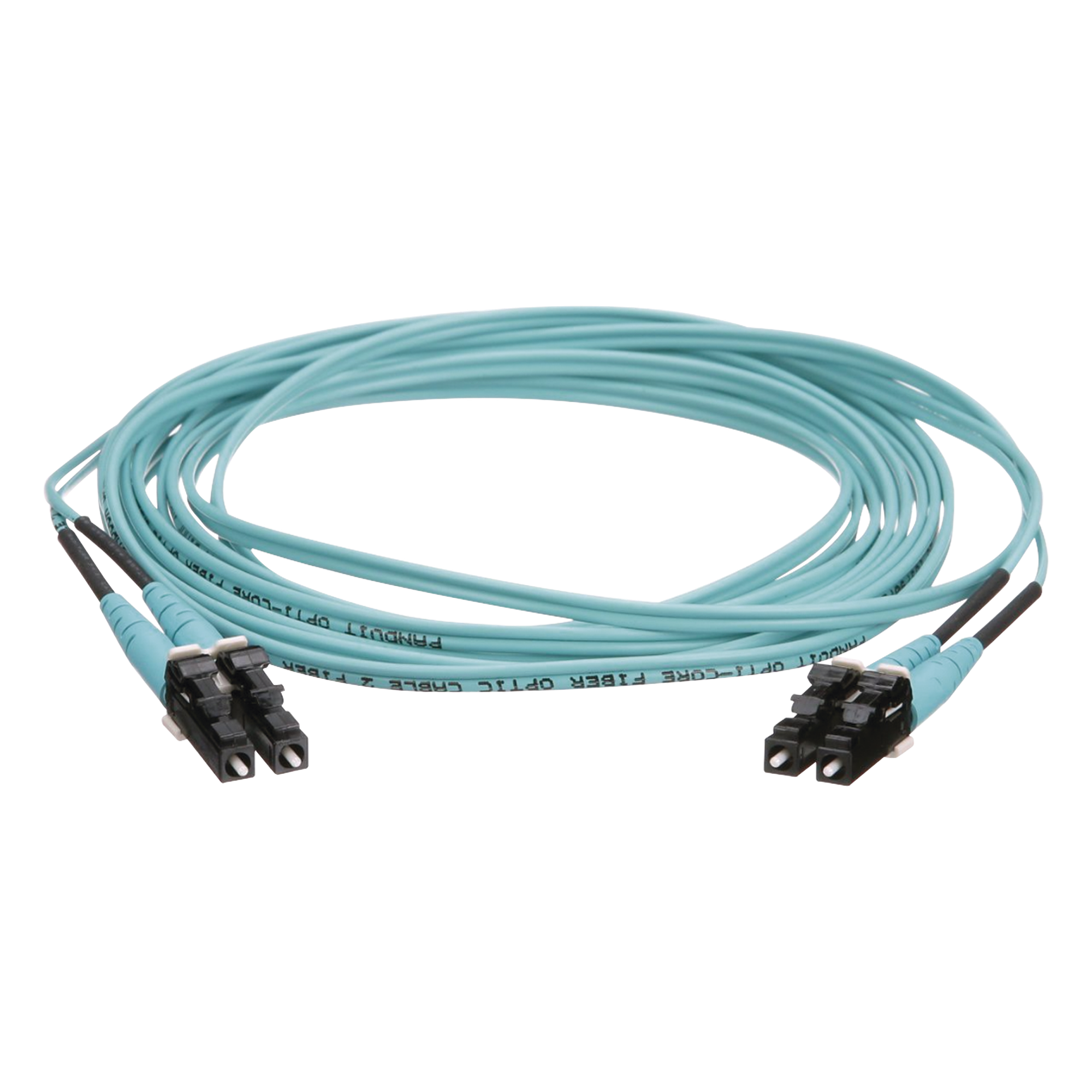 Jumper de Fibra Optica Multimodo 50/125 OM4, LC-LC Duplex, OFNR (Riser), Color Aqua, 3 Metros (9.84 Pies) — PANDUIT · SKU FZ2ERLNLNSNM003