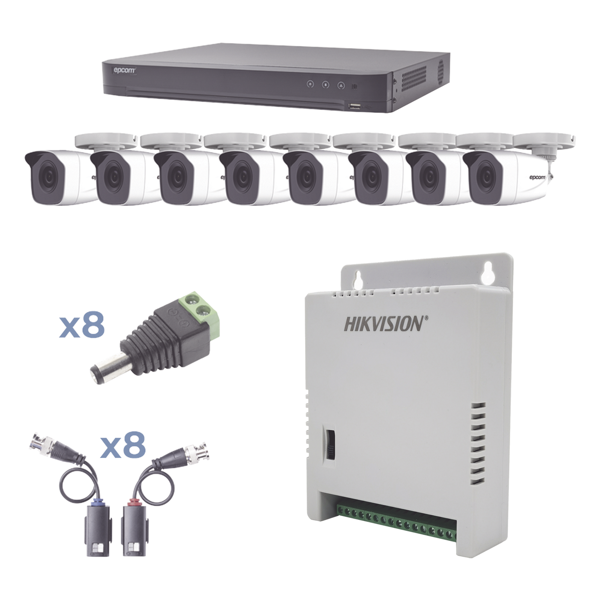 KIT TurboHD 1080p / DVR 8 Canales / 8 Cámaras Bala (exterior 2.8 mm) / Transceptores / Conectores / Fuente de Poder Profesional hasta 15 Vcc para Larga Distancias — EPCOM PROFESSIONAL · SKU KEVTX8T8BW