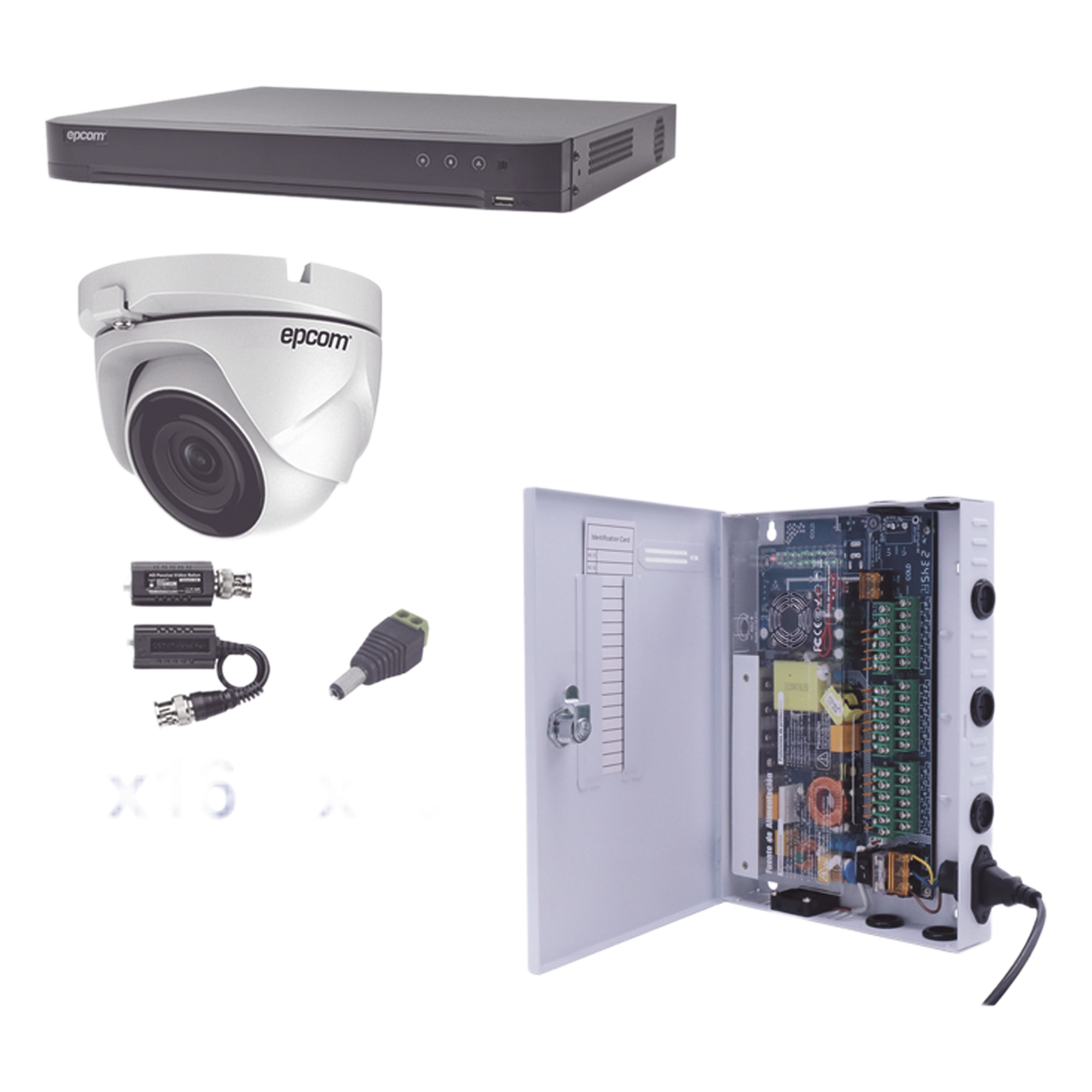 KIT TurboHD 1080p / DVR 16 Canales / 16 Cámaras Eyeball (exterior 2.8 mm) / Transceptores / Conectores / Fuente de Poder Profesional — EPCOM PROFESSIONAL · SKU KEVTX8T16EW