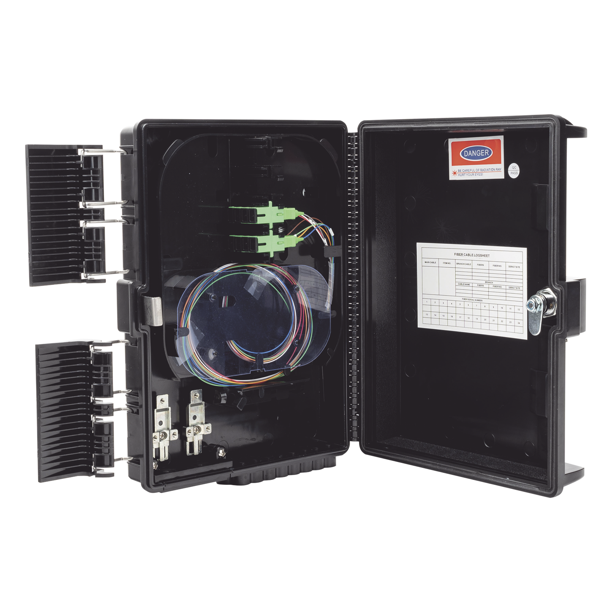 Cierre de Empalme para 24 fusiones de fibra óptica, Interior/Exterior, con 8 acopladores SC/APC y splitter 1x8 SC/APC Incluido, IP65 — FIBERHOME · SKU GFS-8G
