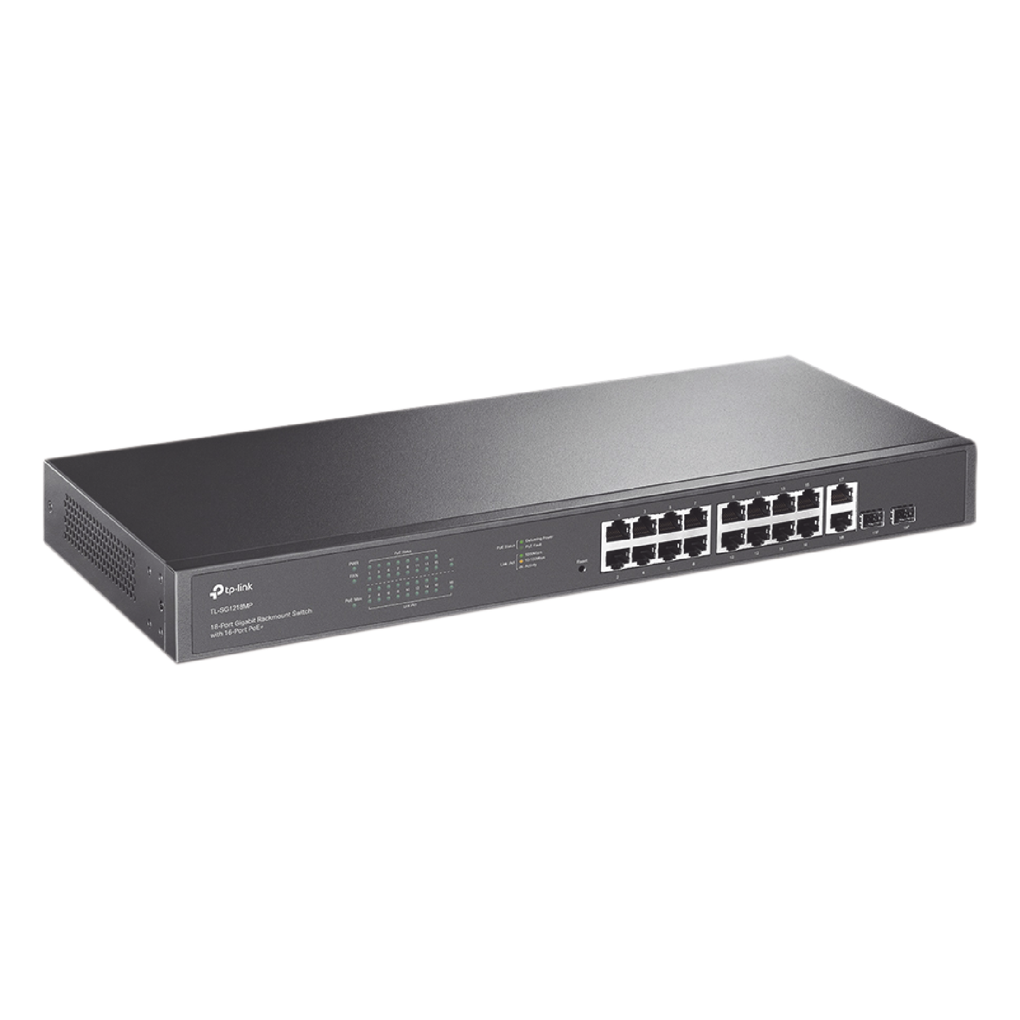 Switch no administrable de 16 puertos 10/100/1000Mbps y PoE af/at, 2 puertos SFP hasta 250W. — TP-LINK · SKU TL-SG1218MP