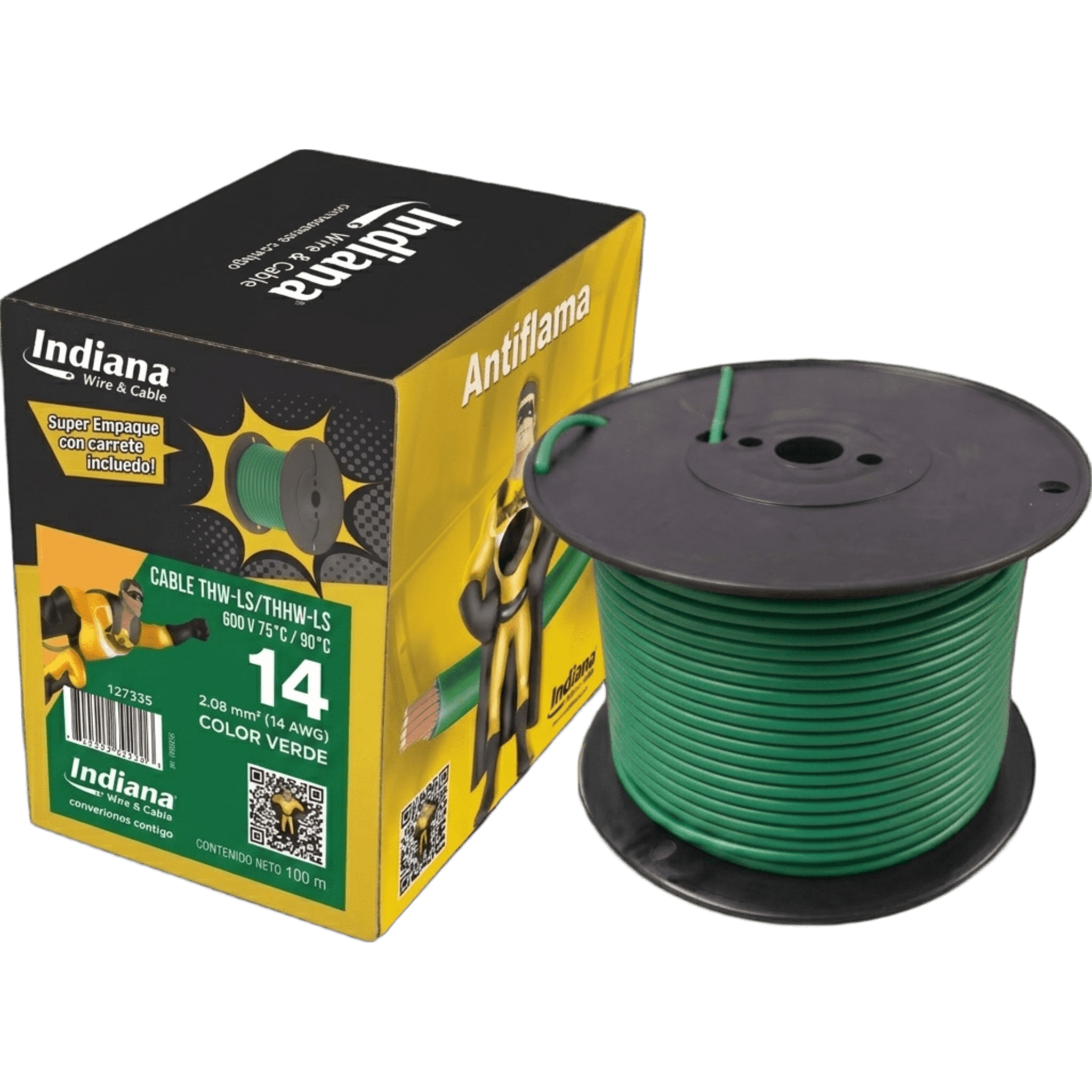 Cable THW-LS / Calibre 14 AWG / 19 Hilos / Color Verde / Bobina 100 m (328 ft) — INDIANA · SKU SLY-312-GRN/100