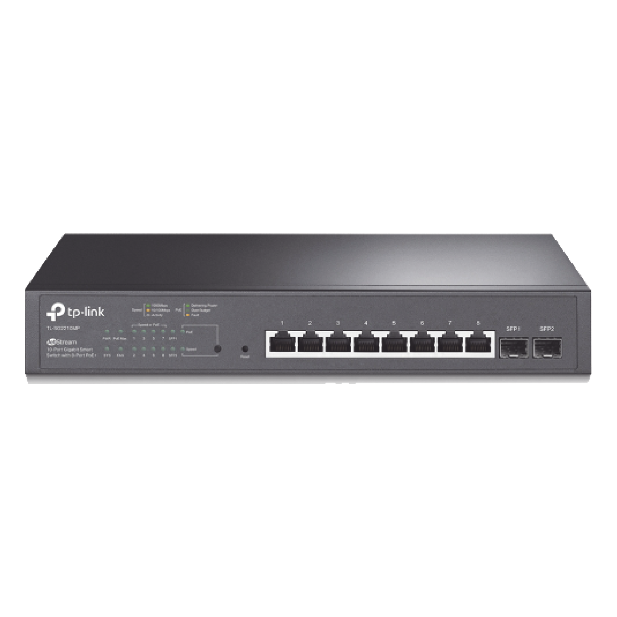 Switch PoE JetStream SDN Administrable 8 puertos 10/100/1000 Mbps + 2 puertos SFP, 8 puertos PoE, 150W, administración centralizada OMADA SDN — TP-LINK · SKU TL-SG2210MP