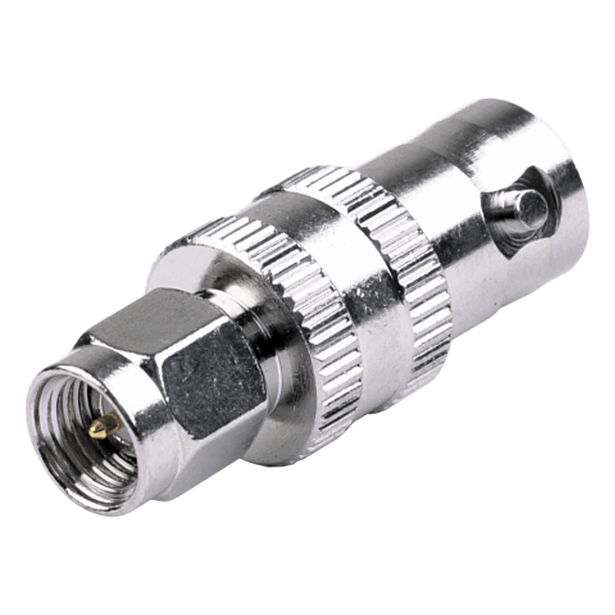Adaptador RF Coaxial / SMA Macho a BNC Hembra / En Línea / Cuerpo Bronce Niquelado / Contacto Oro / Aislante Teflón — RF INDUSTRIES,LTD · SKU RSA-3458