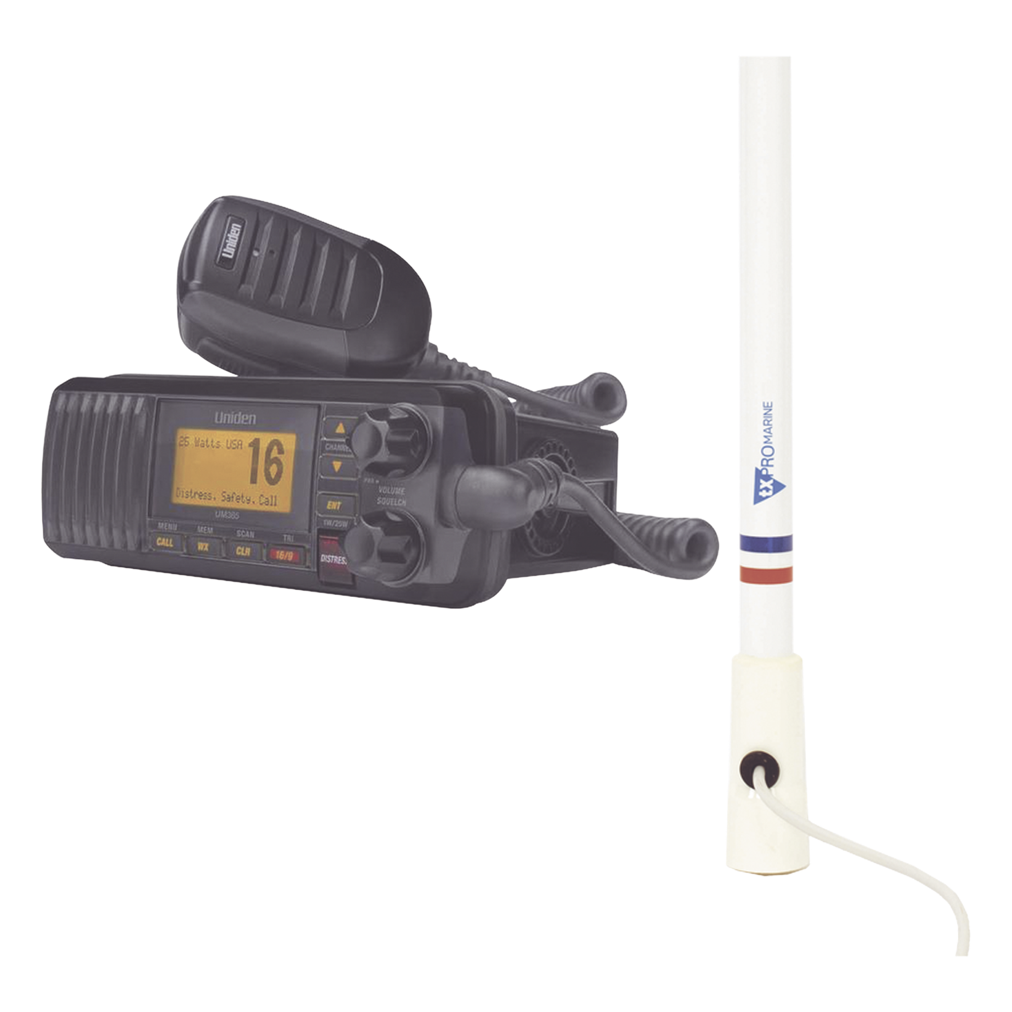 Kit de radio UM385BK | mas antena marina de fibra de vidrio TX-5206-SYS y soporte para antena 4186 — UNIDEN · SKU UM-385BK/KIT5206