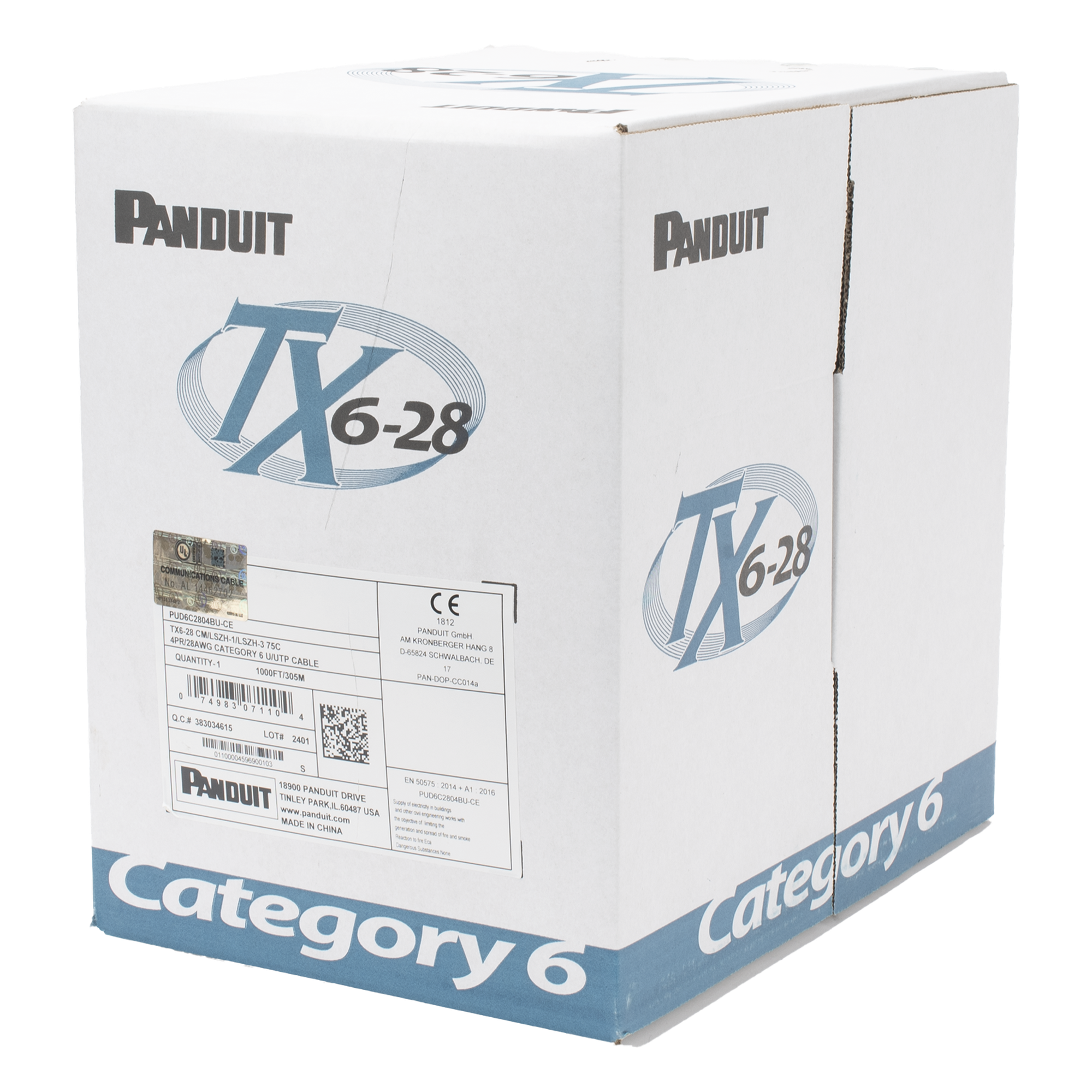 Cable UTP / Cat 6 / 28 AWG / 305 m (1000 ft) / CM-LSZH / 4 pares / 250 MHz / PoE — PANDUIT · SKU PUD6C2804BU-CE