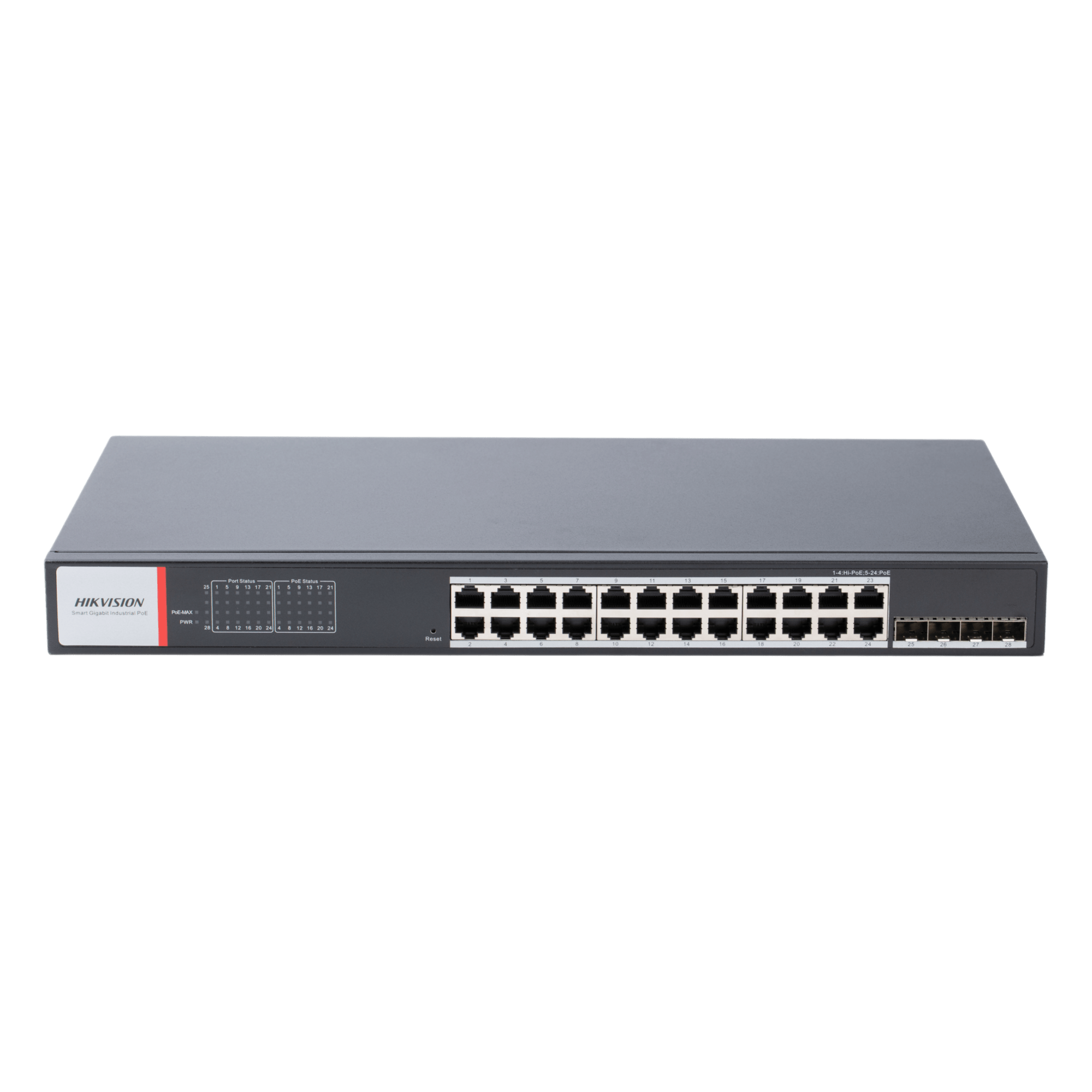 Switch Gigabit PoE+ / Industrial / Administrable / 24 Puertos 1000 Mbps PoE+ / 4 Puertos SFP / Configuración Nube Hik-PartnerPro / Modo Extendido hasta 300 Metros / 370 W — HIKVISION · SKU DS-3T1528HP-SI-24P4F