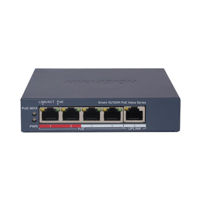 Switch PoE+ / Monitoreable / 4 Puertos 10/100 Mbps PoE+ / 1 Puerto 10/100 Mbps Uplink / Configuración Nube Hik-PartnerPro / Modo Extendido hasta 300 Metros /  45 W — HIKVISION · SKU DS-3E1105P-EI/M