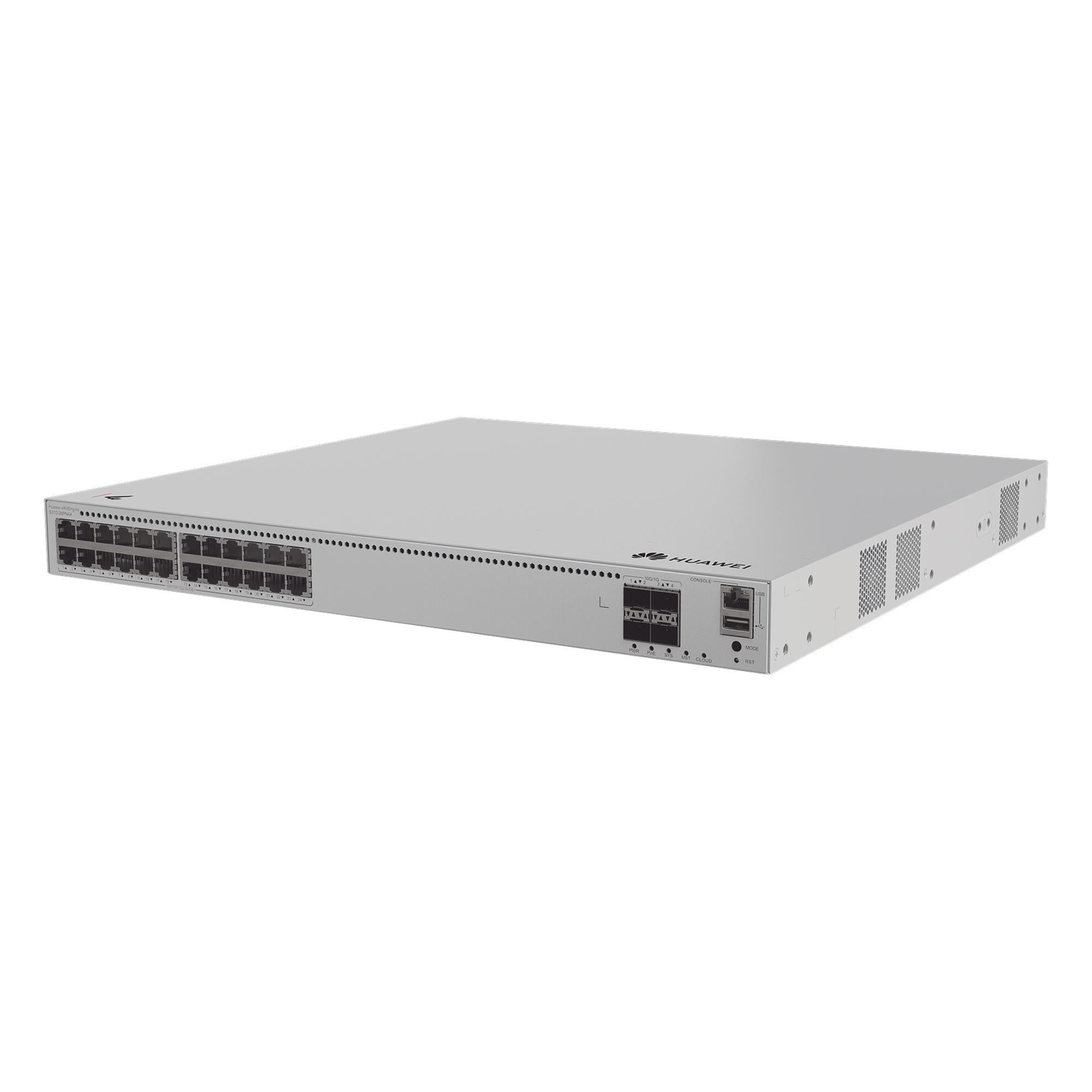 Switch de Distribución/Core Gigabit Administrable PoE Capa 3 / 24 puertos 1000/2.5Gbps (PoE) / 4 Puertos 10GE SFP+ Uplink / ERPS / Rutas Estáticas / iStack / PoE Perpetuo / 400W / Administración Nube Gratis — HUAWEI · SKU S310-24PN4X