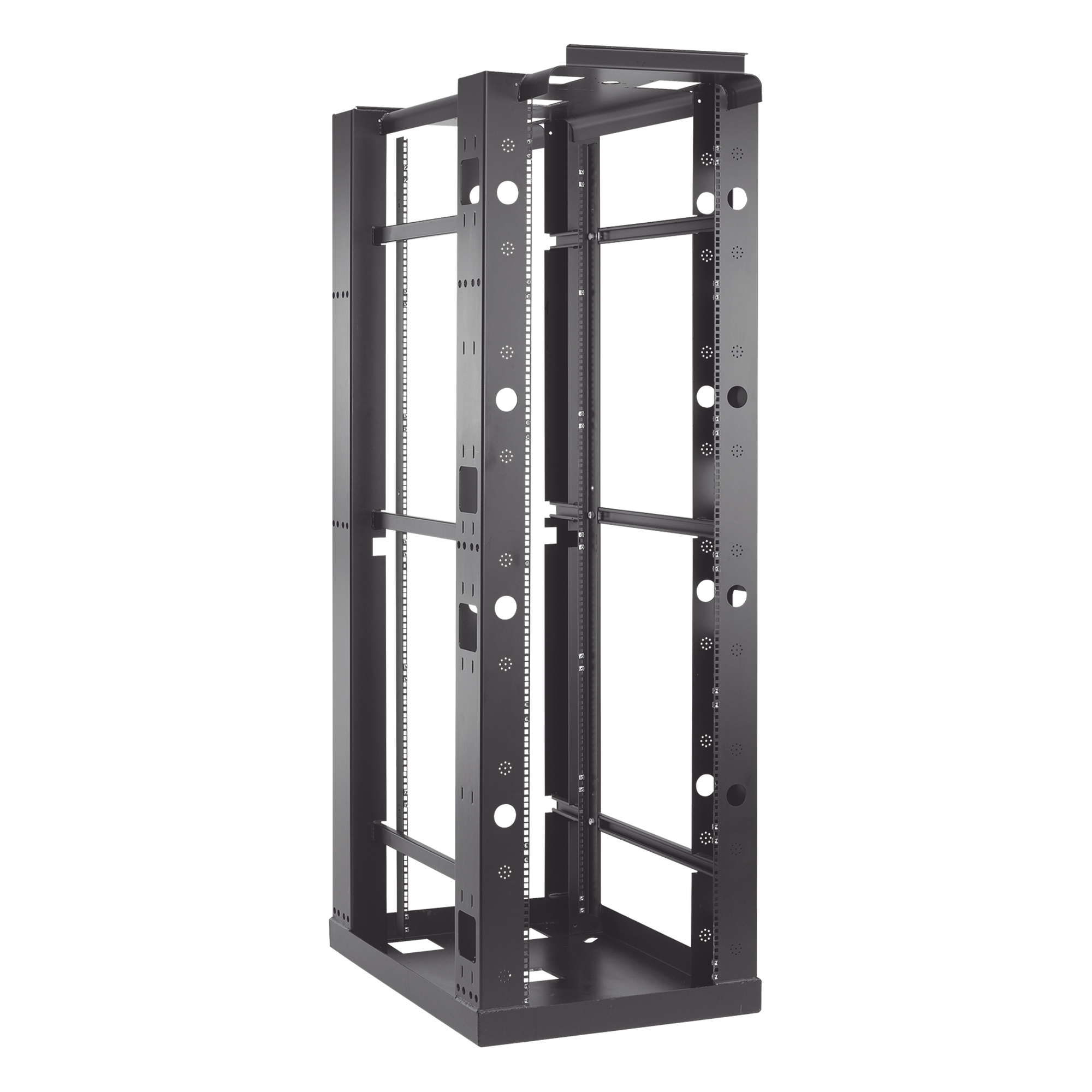 Rack Abierto Sísmico de 4 Postes Estándar de 19 in / 45U / 2.19 m (7.2 ft) de Altura / Capacidad 2,500 lb (1,134 kg) / Acero 3.4 mm / Certificación NEBS Zona 4 y OSHPD / Negro RAL 9005 — HOFFMAN · SKU E4SDR19FM45U