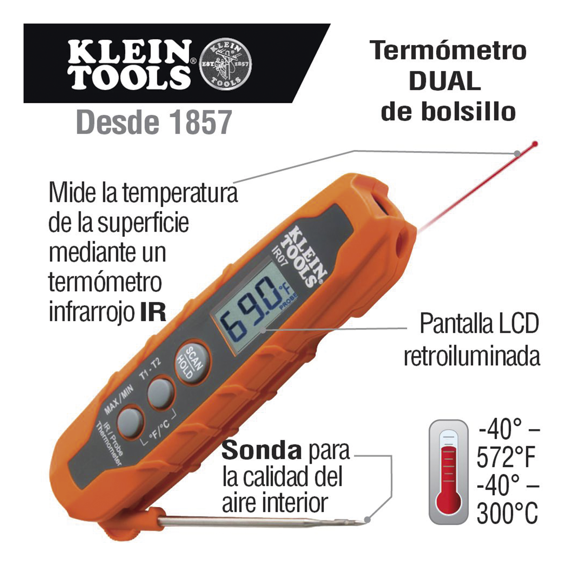 Termómetro Doble IR/Sonda con Medición ºC y ºF. Con Pantalla Retroiluminada
