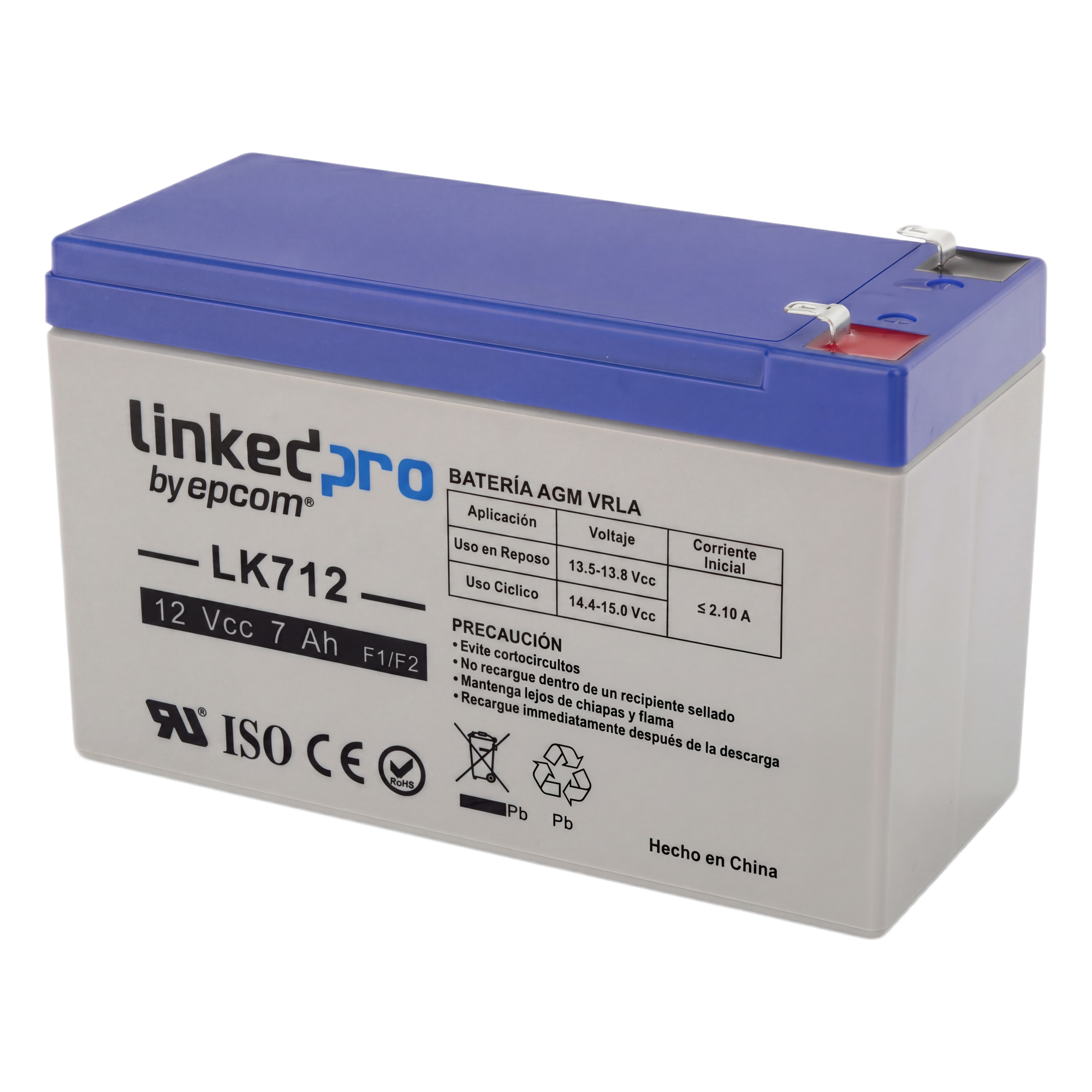 Batería de respaldo 12 V | 7 Ah | AGM | Especial para Seguridad Electrónica | UPS | Sistemas de Emergencia | Vida útil 5 años | Terminales F1 + Adaptador F2 — LINKEDPRO BY EPCOM · SKU LK712