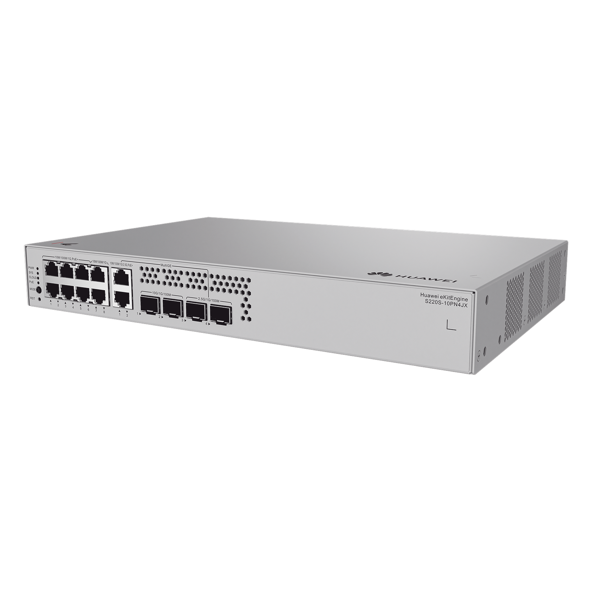 Switch de Acceso eKit Administrable / Capa 2 / 6 Puertos PoE+ Gigabit + 2 Puertos PoE+ Multi-Gigabit (2.5 Gbps) + 2 Puertos Gigabit + 2 Puertos SFP + 2 Puertos SFP+ / PoE Perpetuo / Presupuesto PoE 128 W / Sin licenciamiento — HUAWEI · SKU S220S-10PN4JX